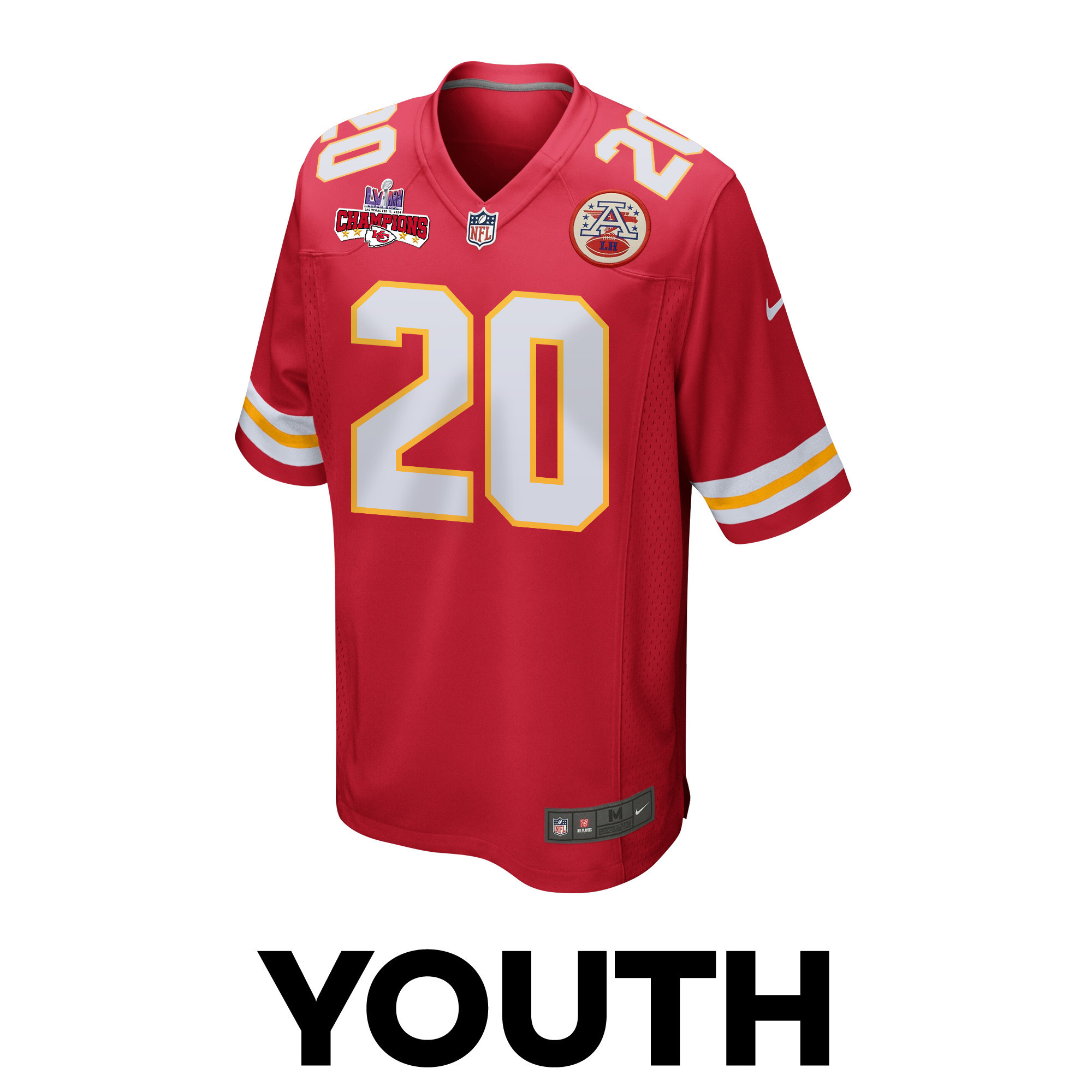Justin Reid 20 Kansas City Chiefs Super Bowl LVIII Champions 4 Stars Patch Game YOUTH Jersey – Red