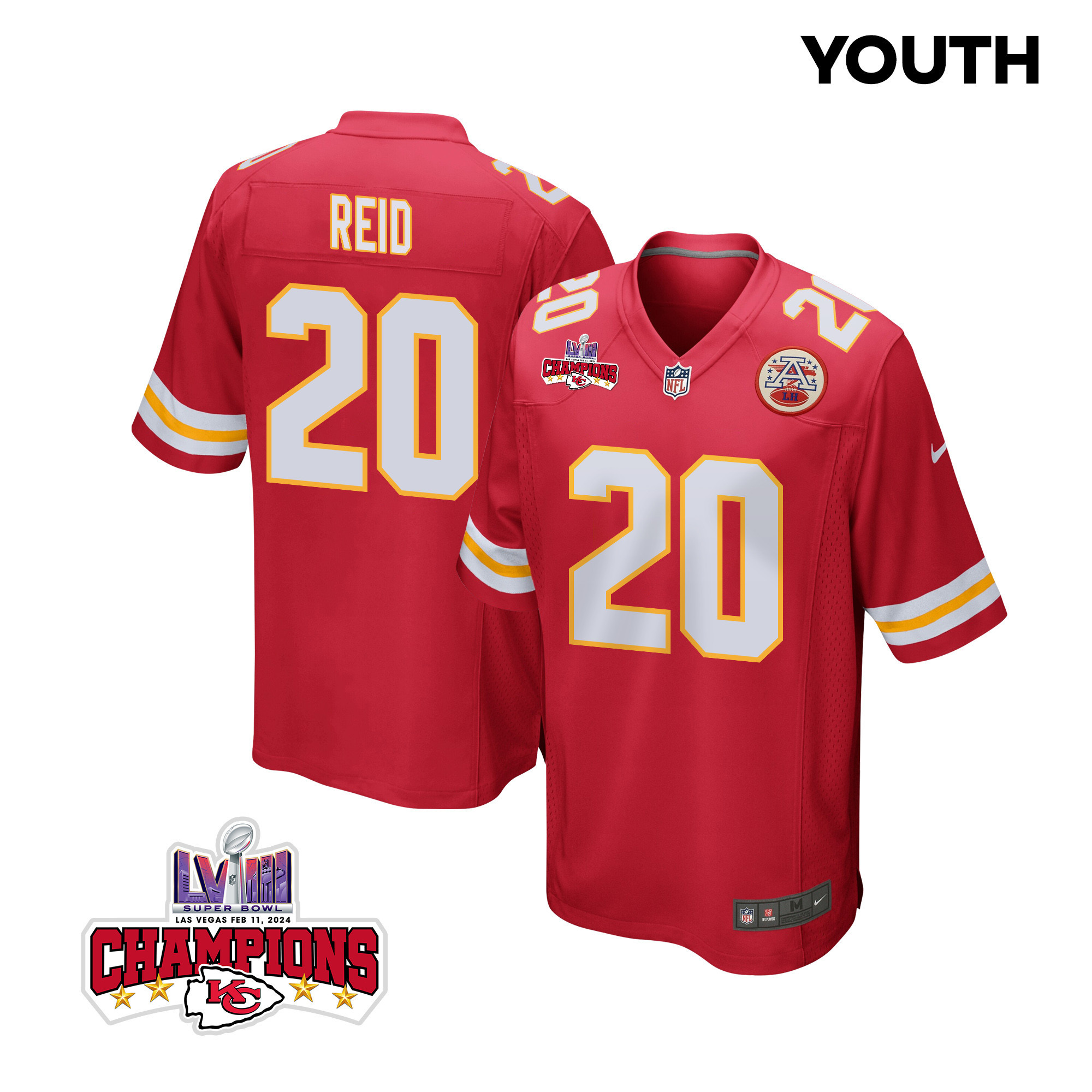 Justin Reid 20 Kansas City Chiefs Super Bowl LVIII Champions 4 Stars Patch Game YOUTH Jersey - Red