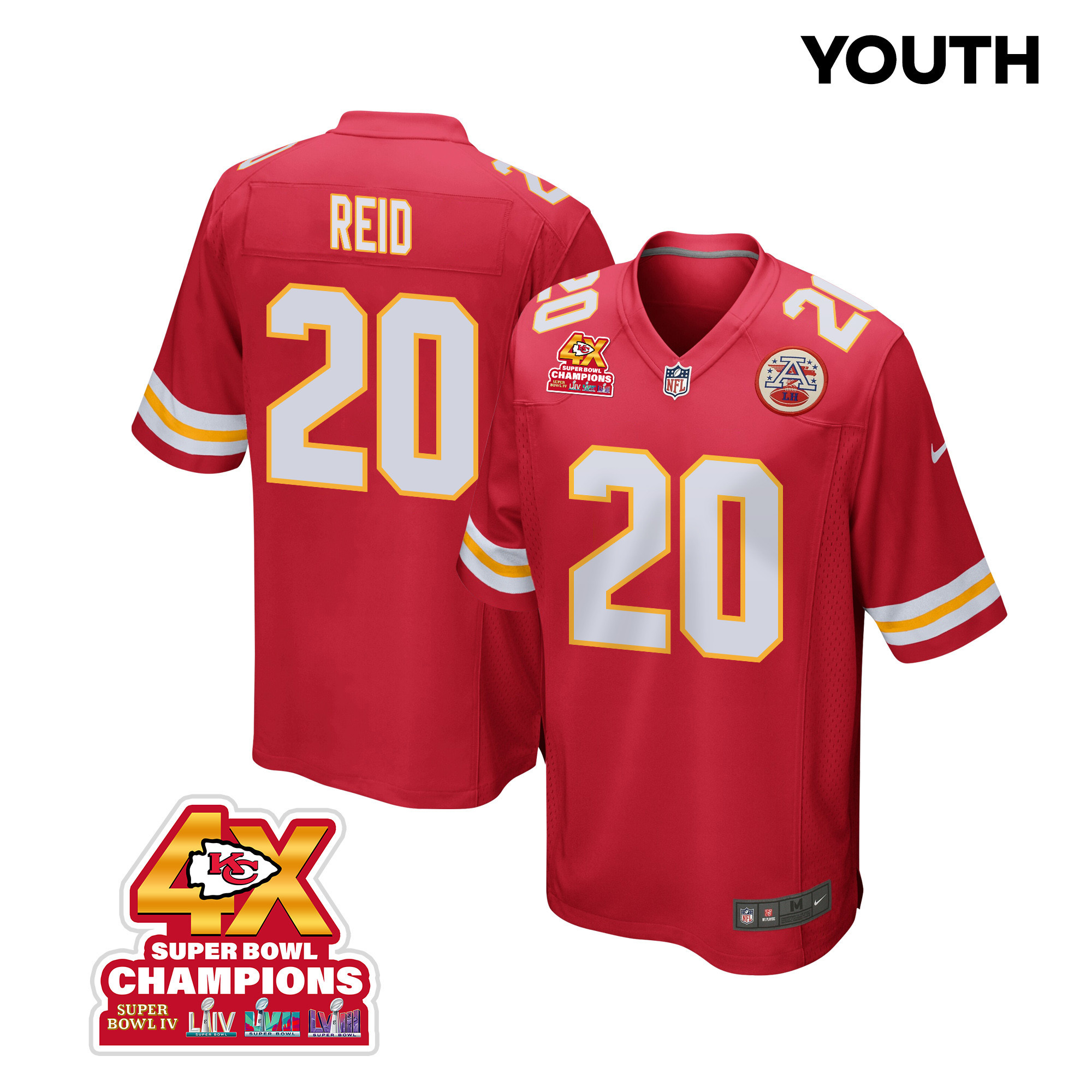 Justin Reid 20 Kansas City Chiefs Super Bowl LVIII Champions 4X Game YOUTH Jersey - Red