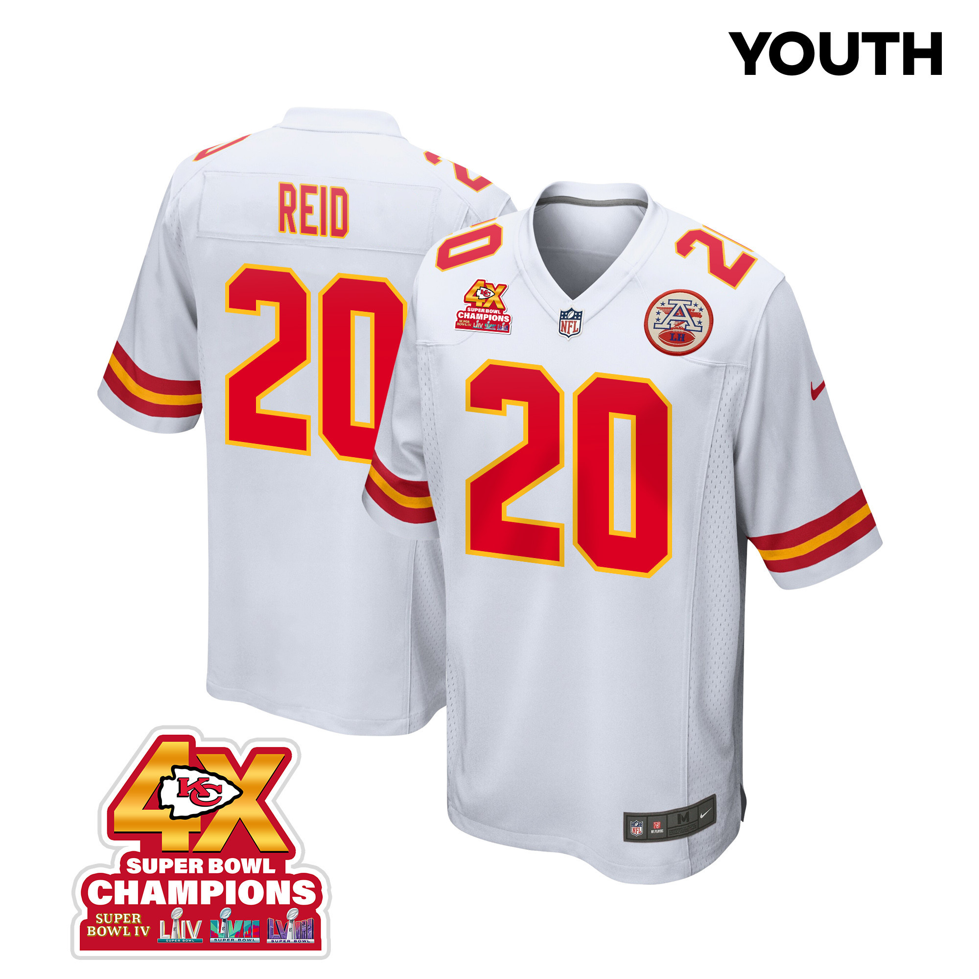 Justin Reid 20 Kansas City Chiefs Super Bowl LVIII Champions 4X Game YOUTH Jersey - White
