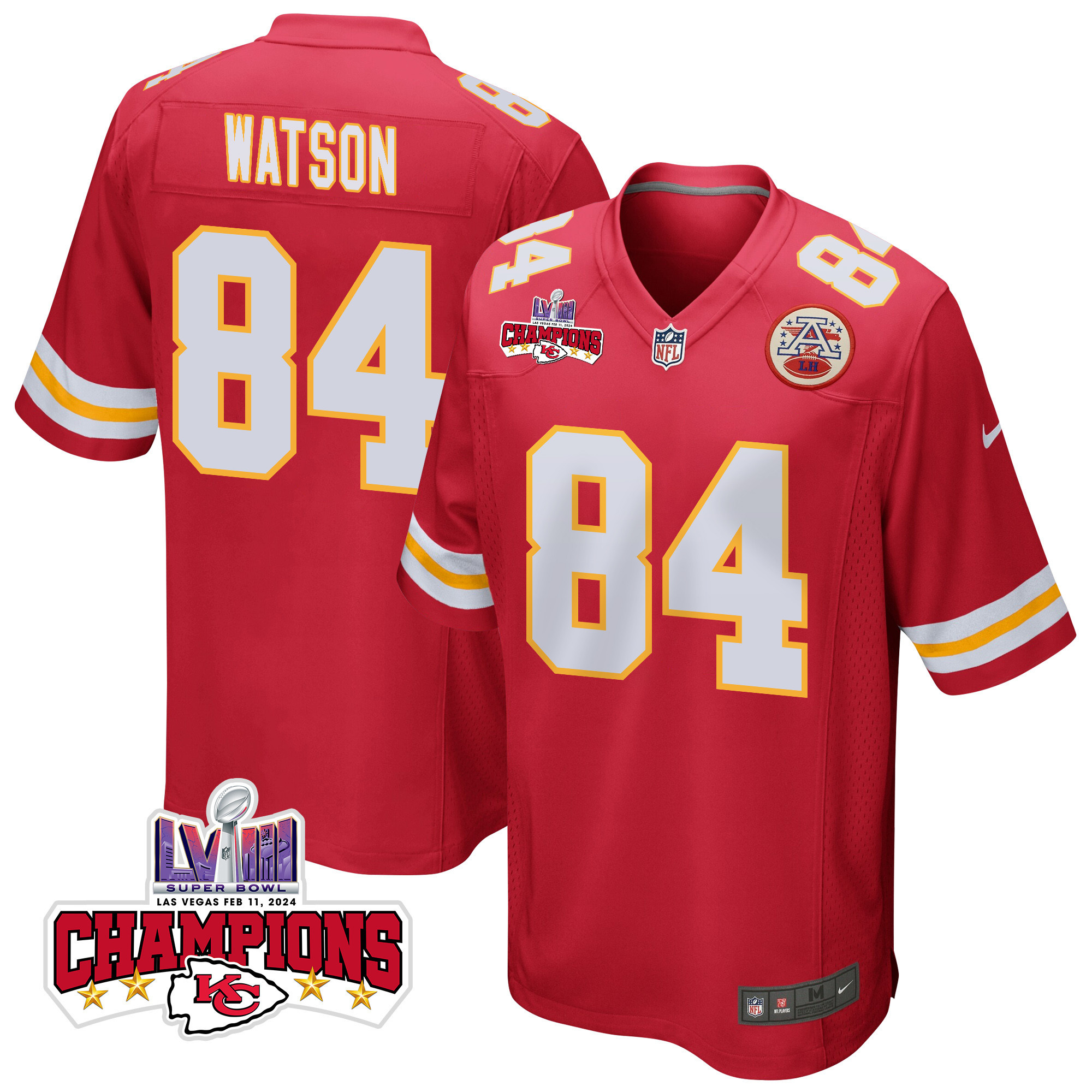Justin Watson 84 Kansas City Chiefs Super Bowl LVIII Champions 4 Stars Patch Game Men Jersey - Red