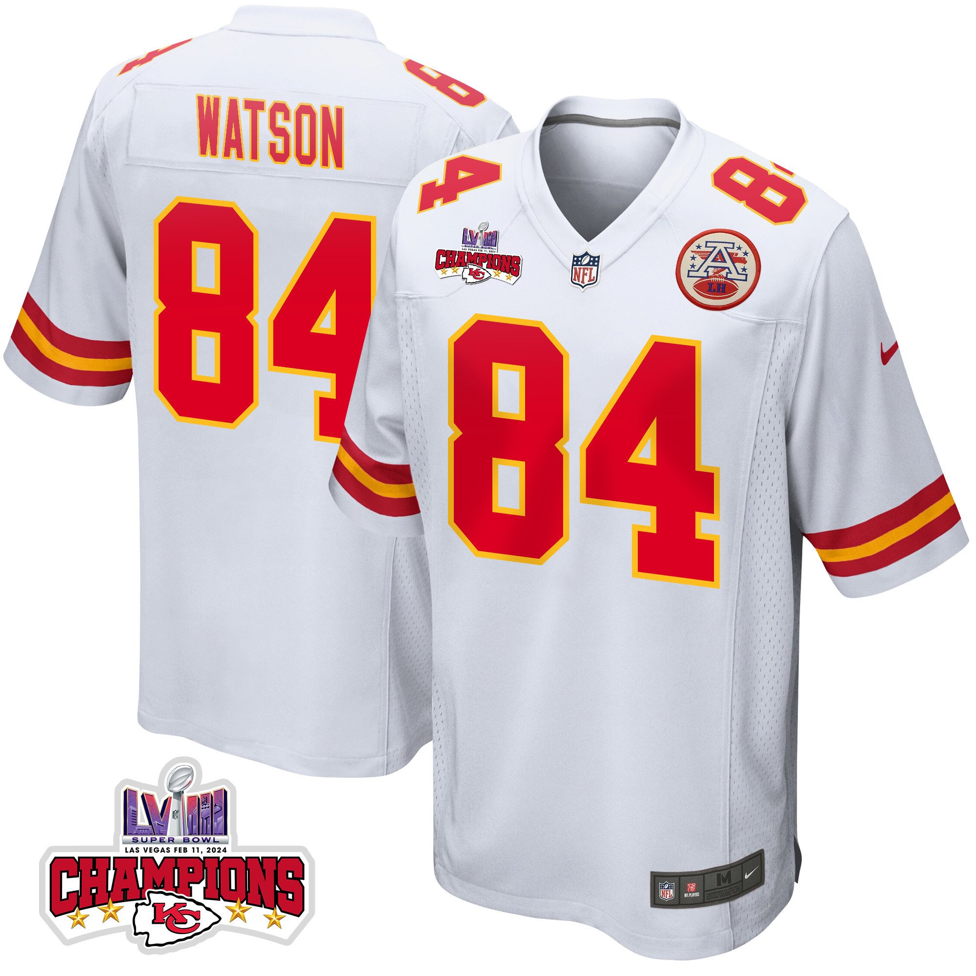 Justin Watson 84 Kansas City Chiefs Super Bowl LVIII Champions 4 Stars Patch Game Men Jersey - White
