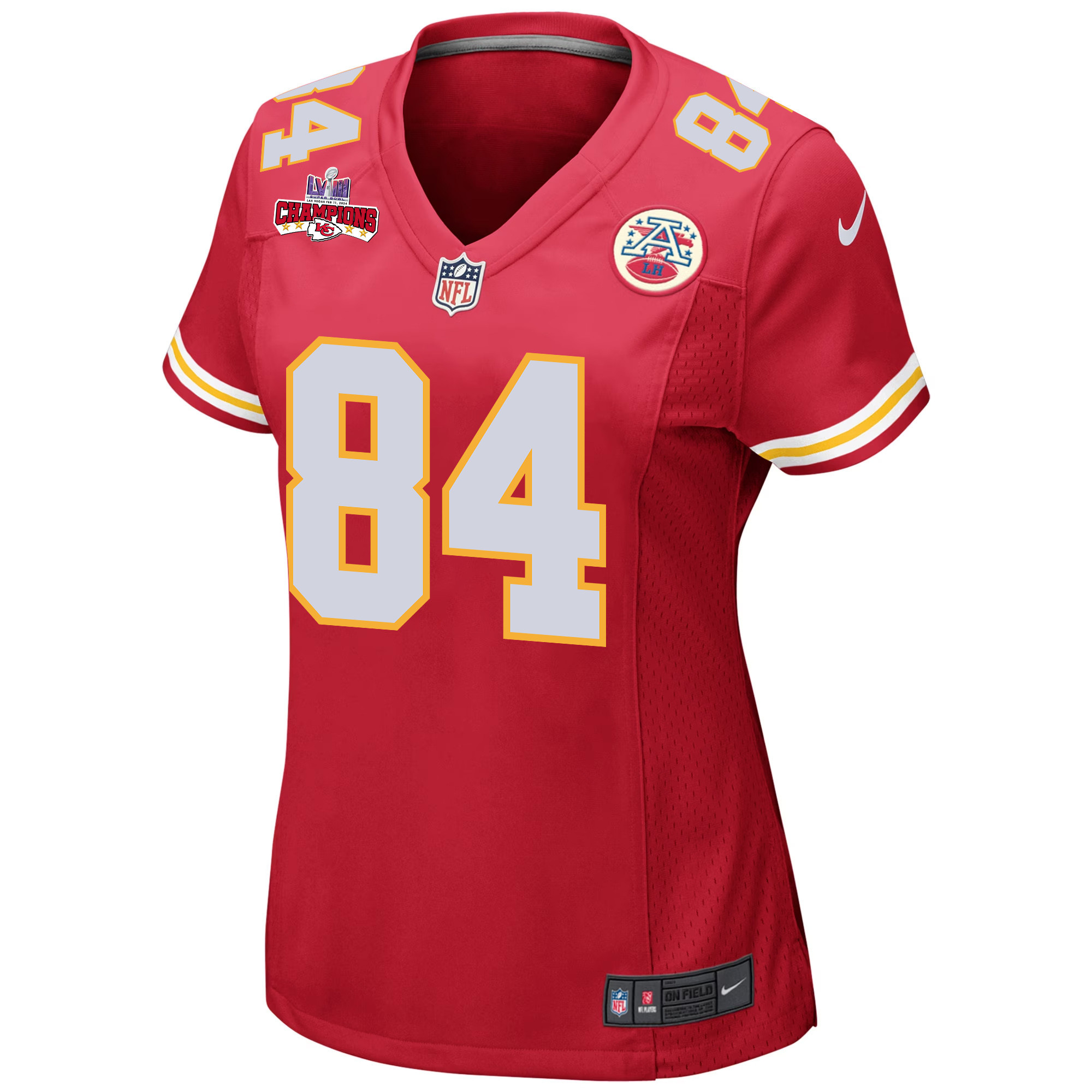 Justin Watson 84 Kansas City Chiefs Super Bowl LVIII Champions 4 Stars Patch Game Women Jersey – Red