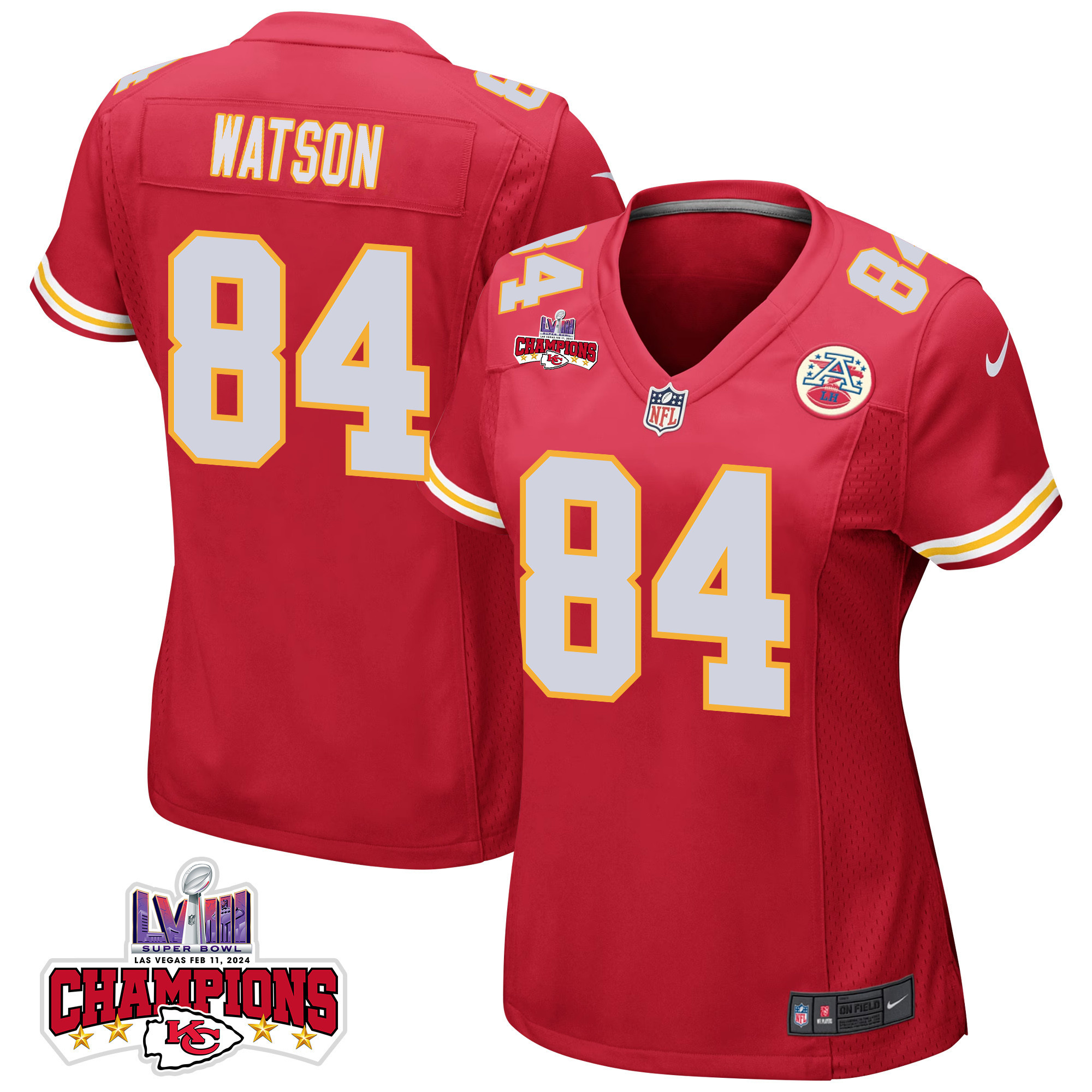 Justin Watson 84 Kansas City Chiefs Super Bowl LVIII Champions 4 Stars Patch Game Women Jersey - Red