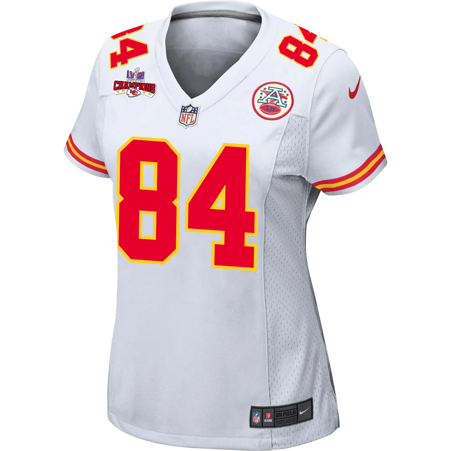 Justin Watson 84 Kansas City Chiefs Super Bowl LVIII Champions 4 Stars Patch Game Women Jersey – White