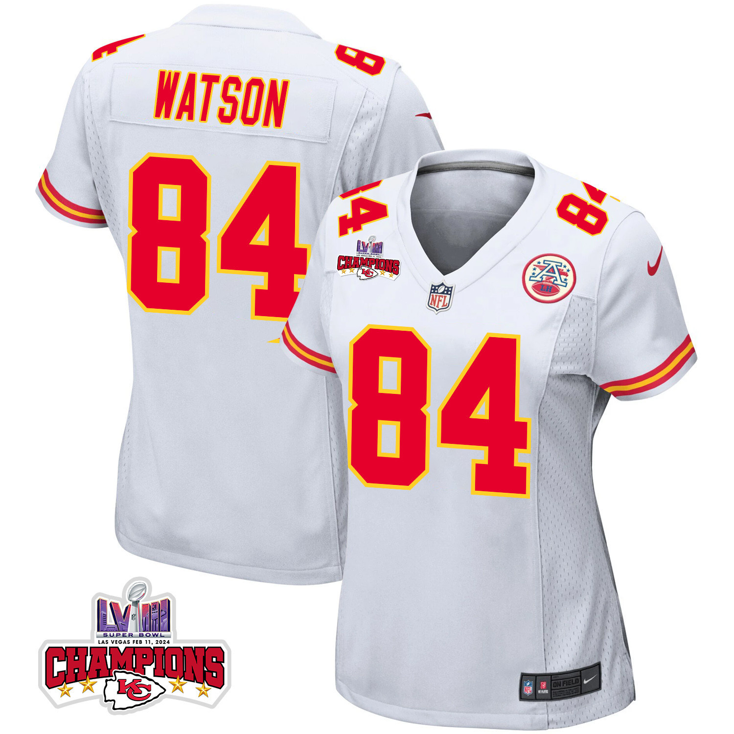Justin Watson 84 Kansas City Chiefs Super Bowl LVIII Champions 4 Stars Patch Game Women Jersey - White