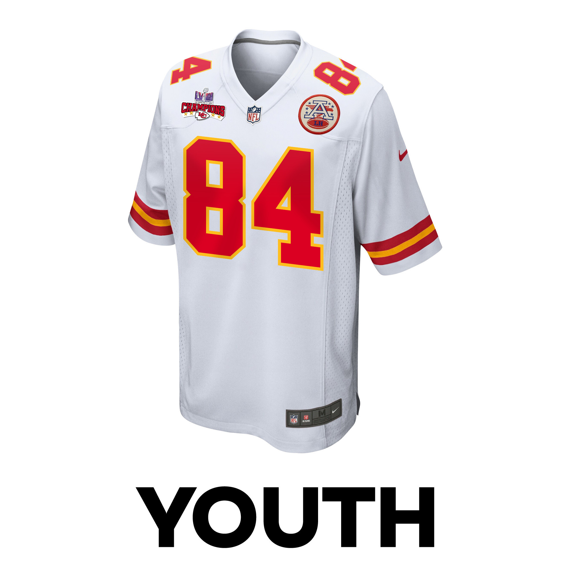Justin Watson 84 Kansas City Chiefs Super Bowl LVIII Champions 4 Stars Patch Game YOUTH Jersey – White
