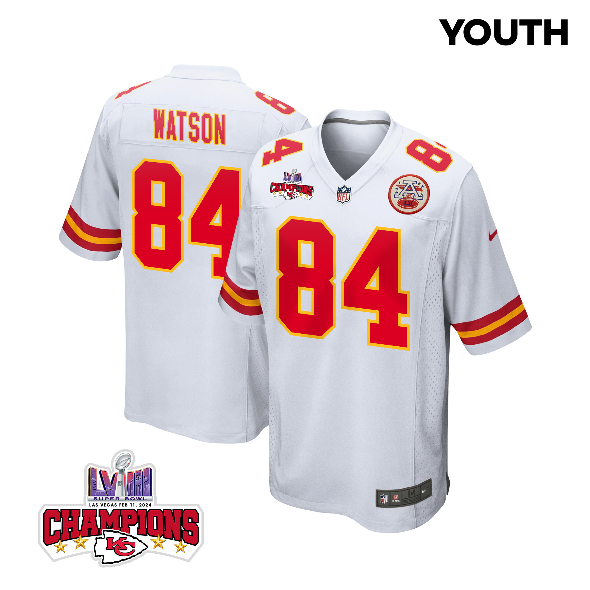 Justin Watson 84 Kansas City Chiefs Super Bowl LVIII Champions 4 Stars Patch Game YOUTH Jersey - White
