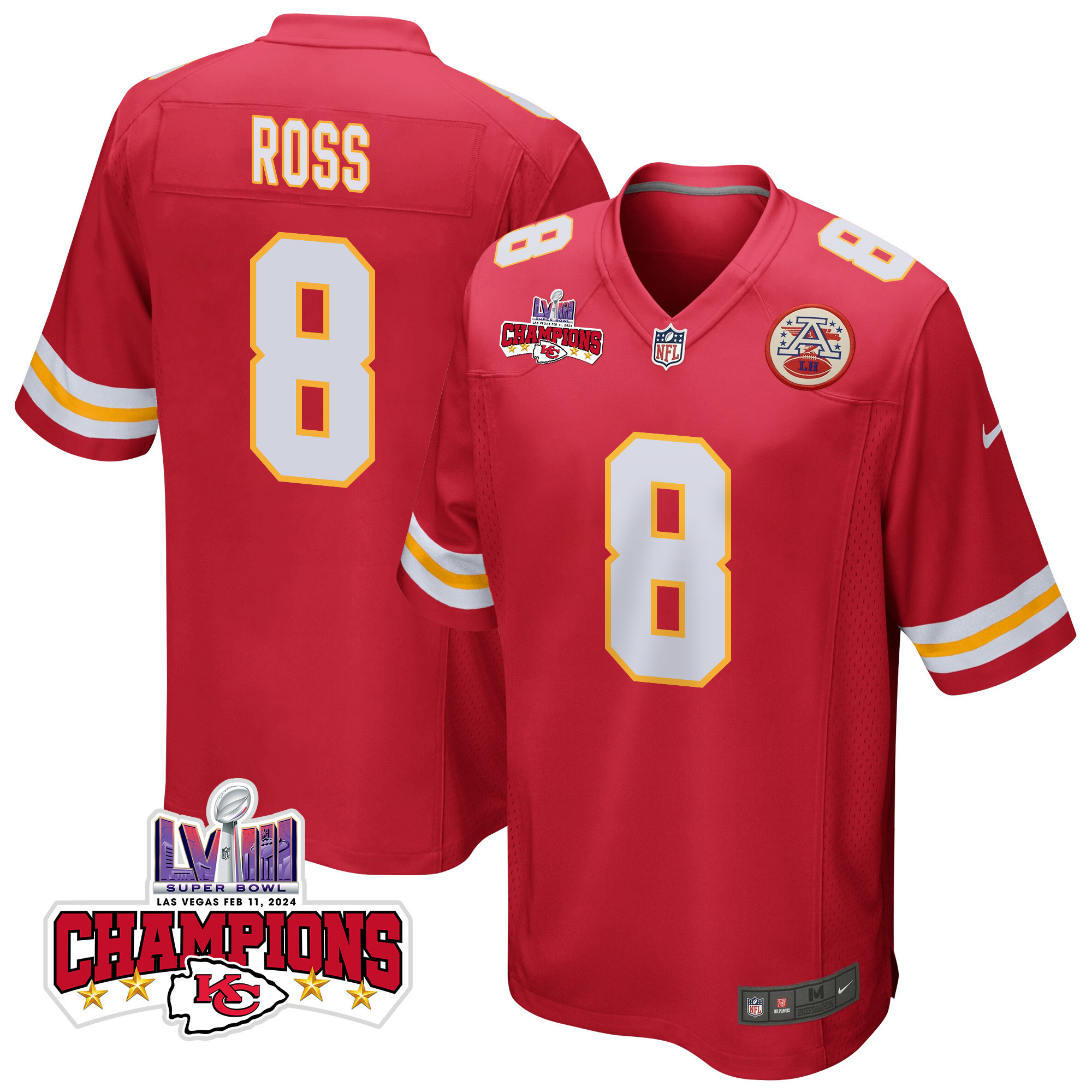 Justyn Ross 8 Kansas City Chiefs Super Bowl LVIII Champions 4 Stars Patch Game Men Jersey - Red