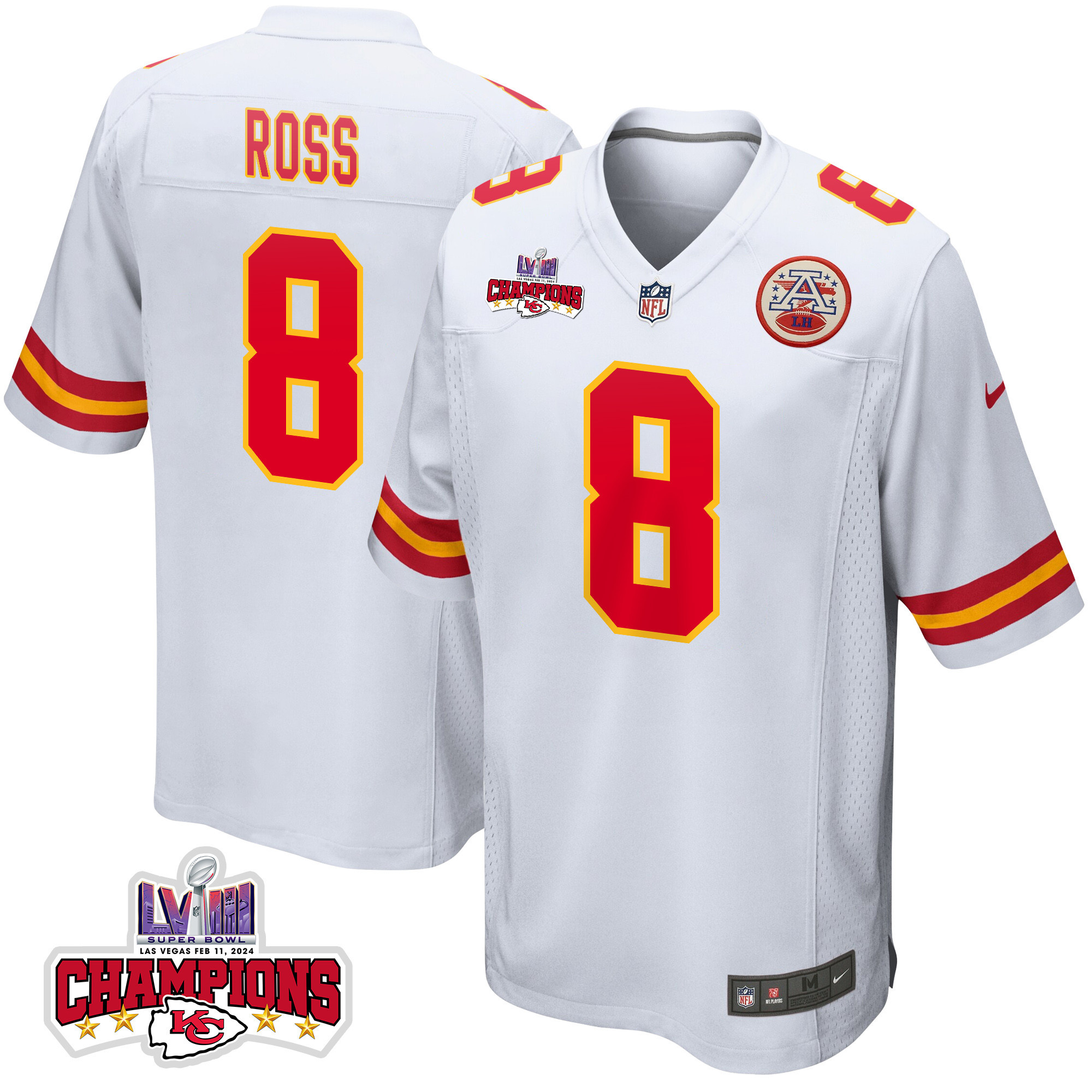 Justyn Ross 8 Kansas City Chiefs Super Bowl LVIII Champions 4 Stars Patch Game Men Jersey - White