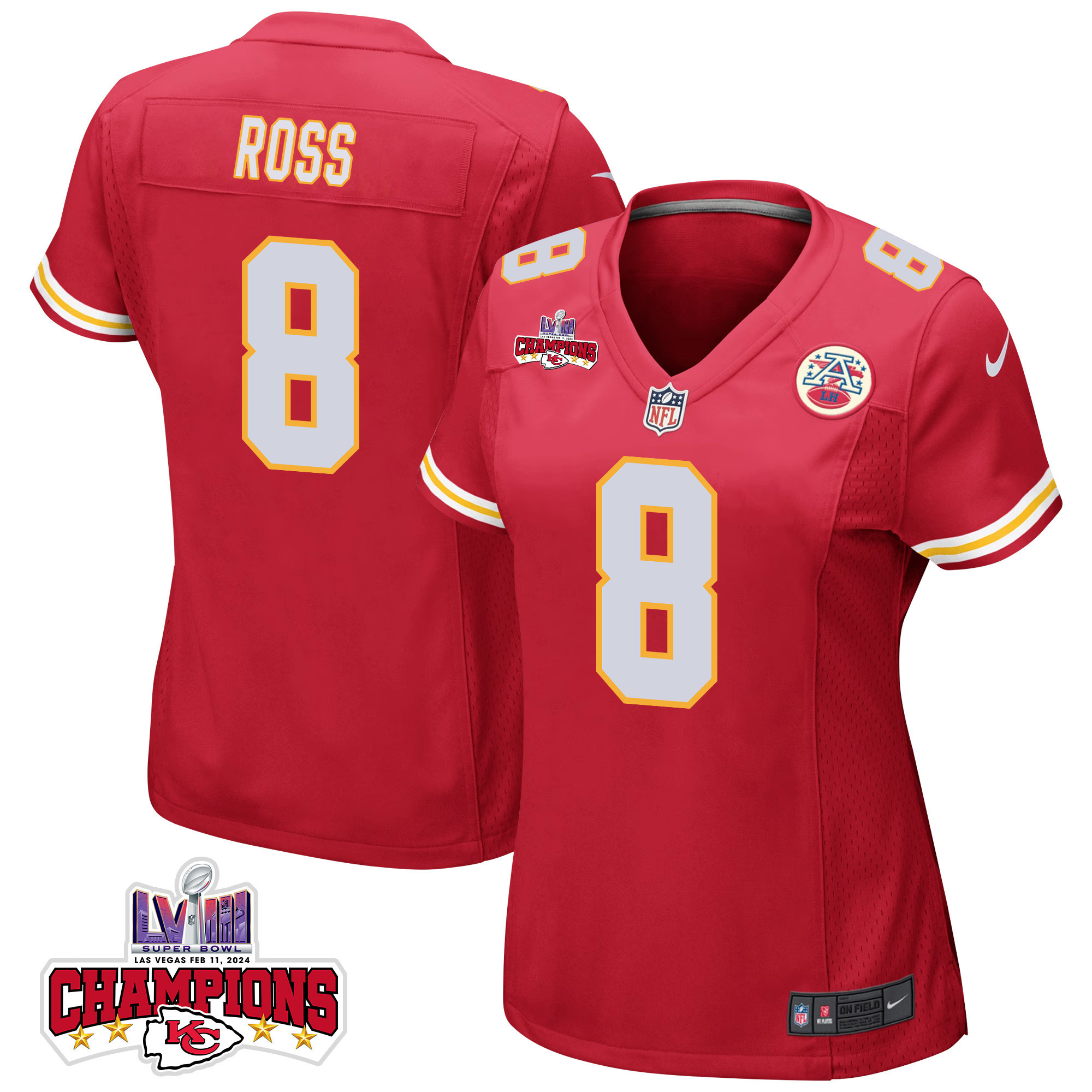 Justyn Ross 8 Kansas City Chiefs Super Bowl LVIII Champions 4 Stars Patch Game Women Jersey - Red