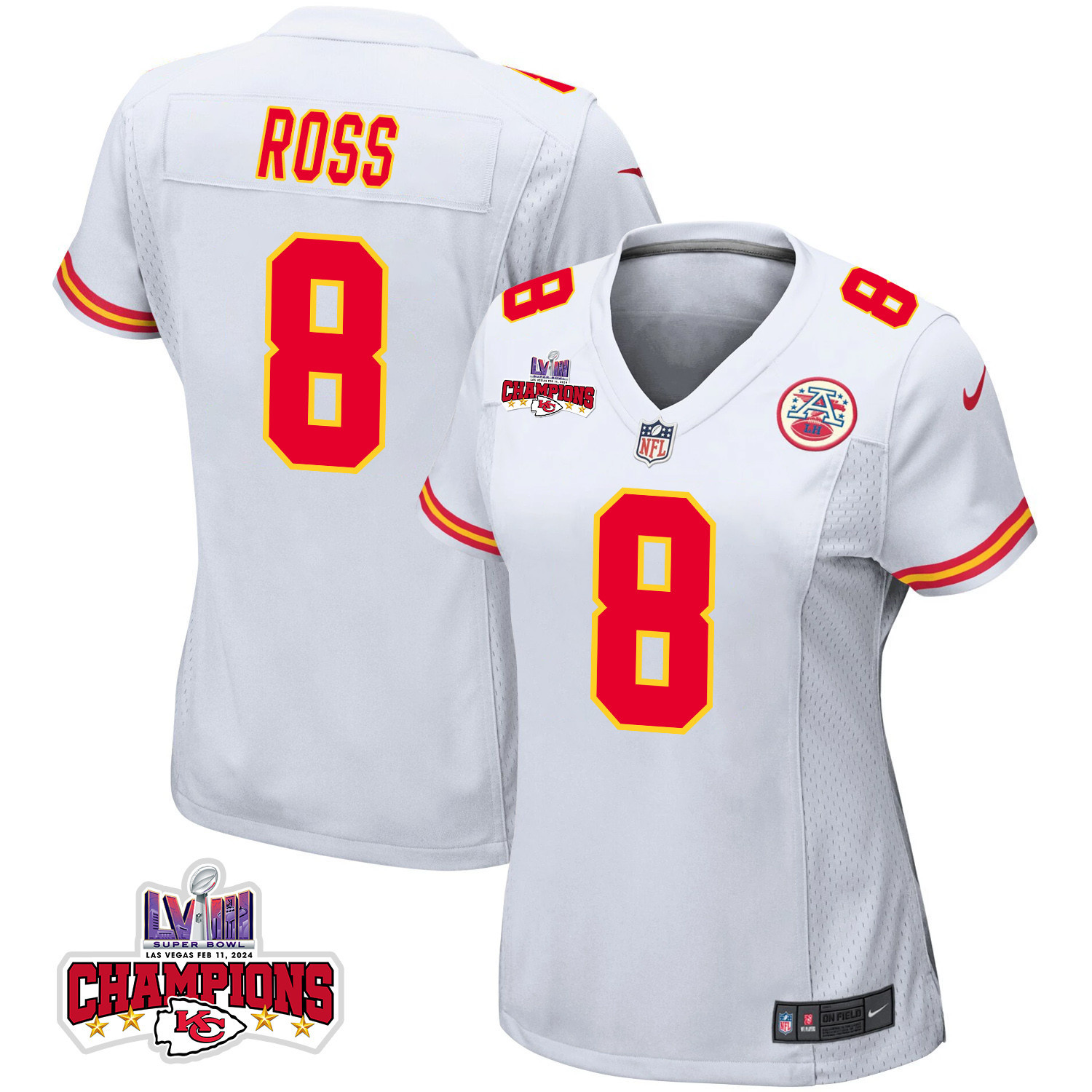 Justyn Ross 8 Kansas City Chiefs Super Bowl LVIII Champions 4 Stars Patch Game Women Jersey - White