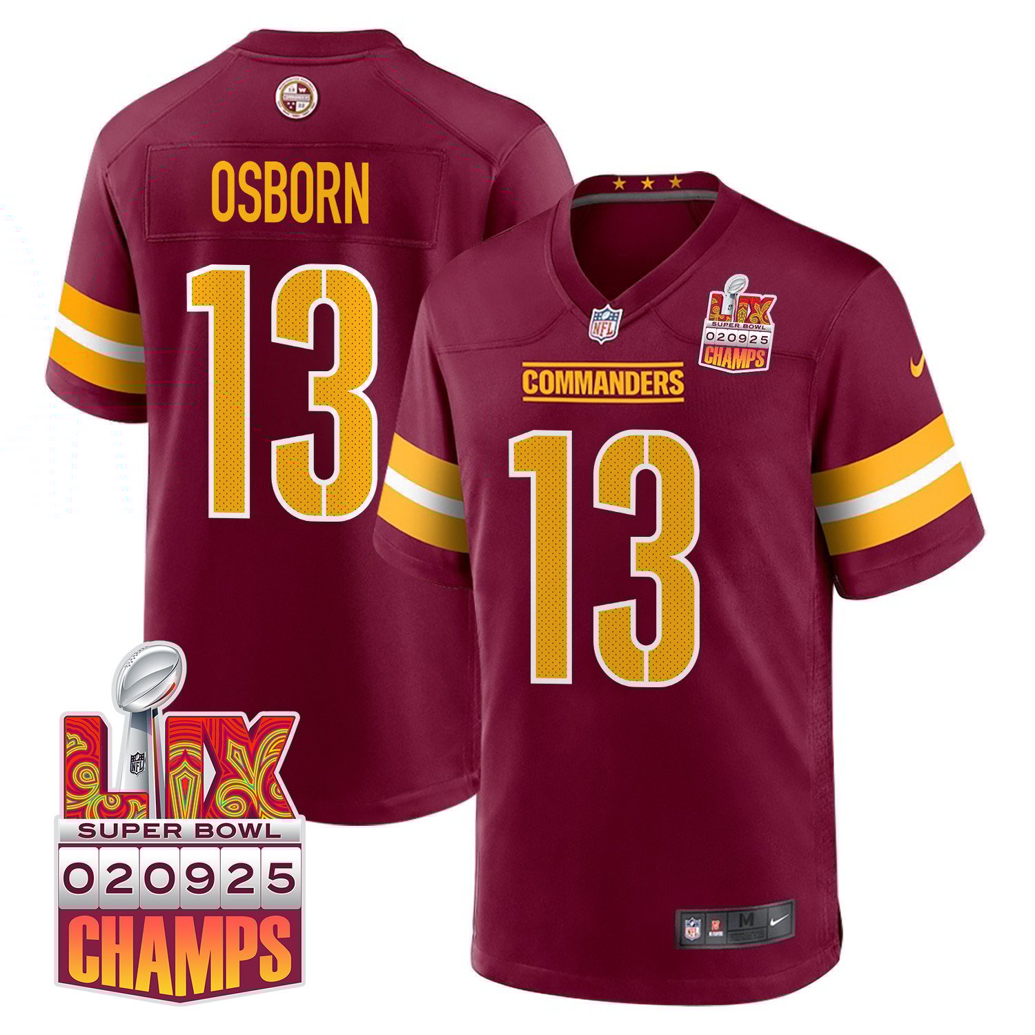 K.J. Osborn 13 Washington Commanders Super Bowl LIX Champions Patch Game Men Jersey - Burgundy