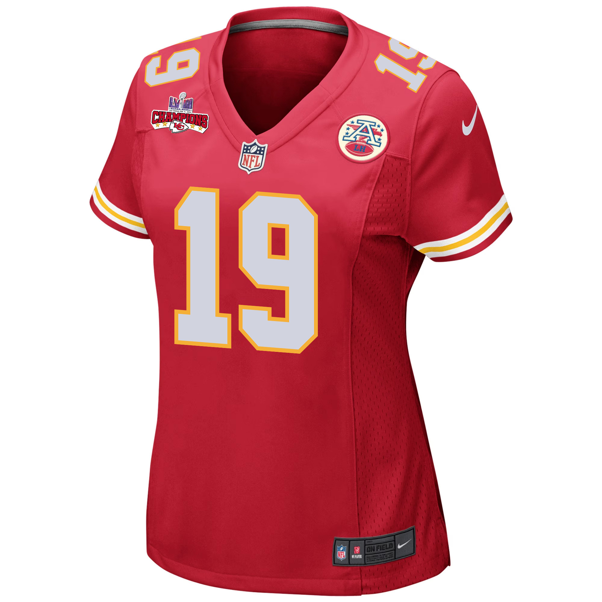 Kadarius Toney 19 Kansas City Chiefs Super Bowl LVIII Champions 4 Stars Patch Game Women Jersey – Red
