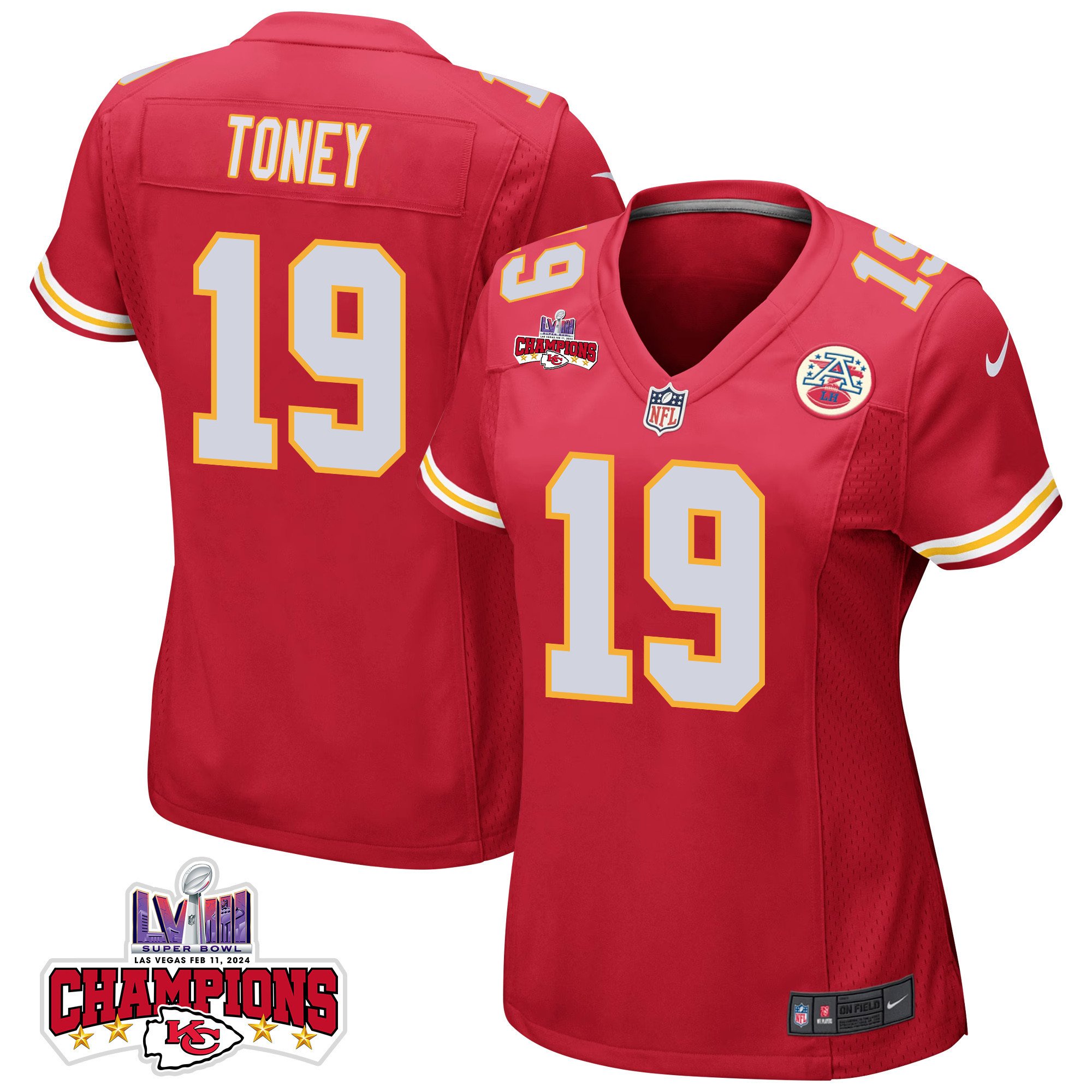 Kadarius Toney 19 Kansas City Chiefs Super Bowl LVIII Champions 4 Stars Patch Game Women Jersey - Red