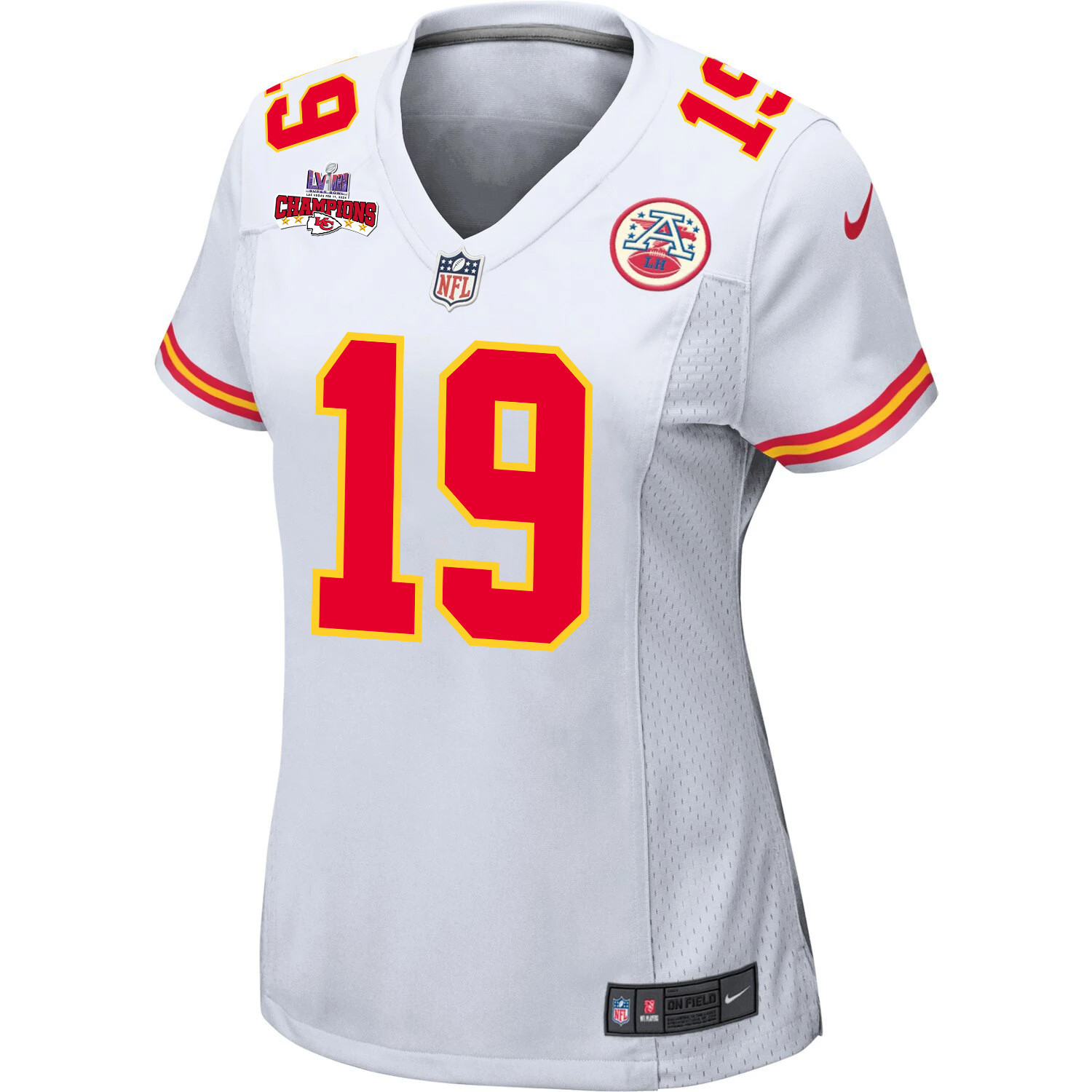 Kadarius Toney 19 Kansas City Chiefs Super Bowl LVIII Champions 4 Stars Patch Game Women Jersey – White