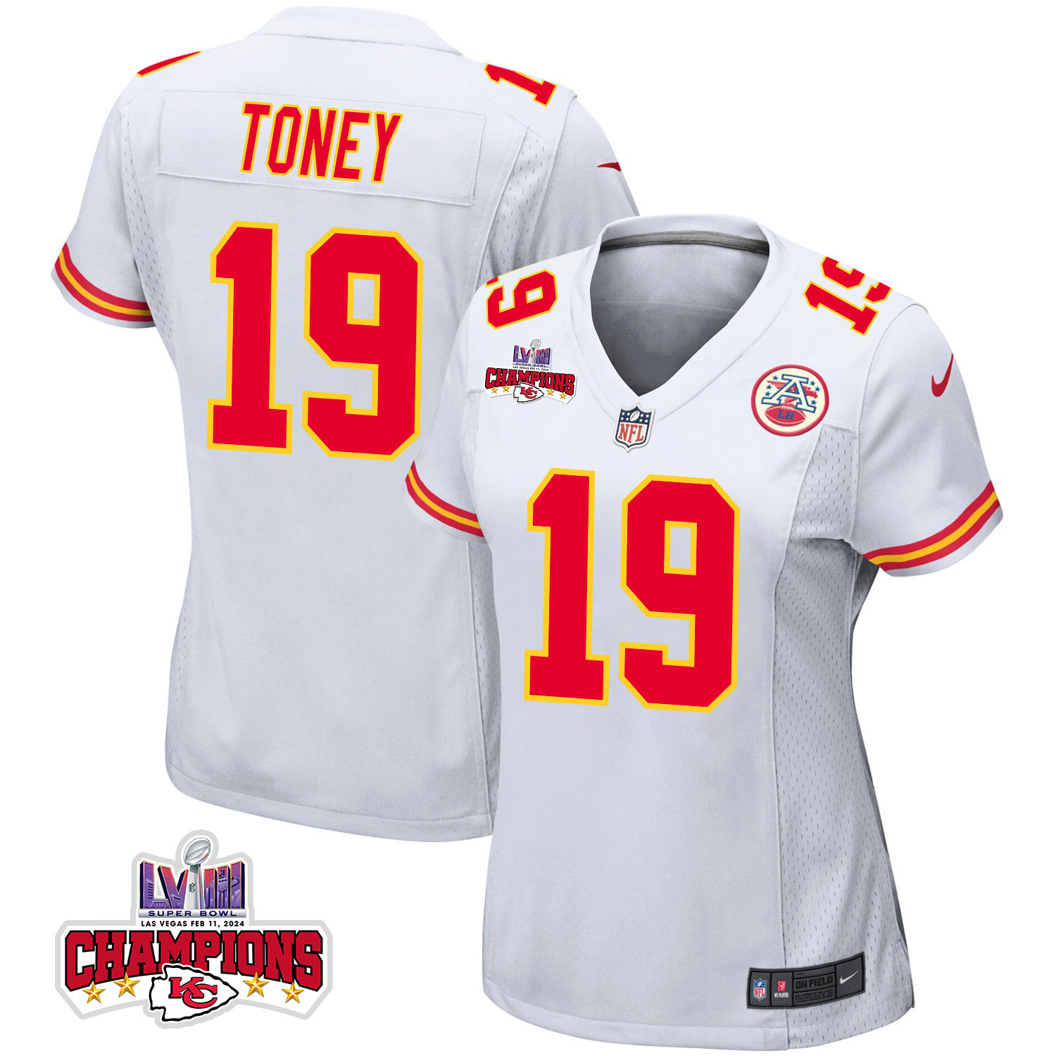 Kadarius Toney 19 Kansas City Chiefs Super Bowl LVIII Champions 4 Stars Patch Game Women Jersey - White