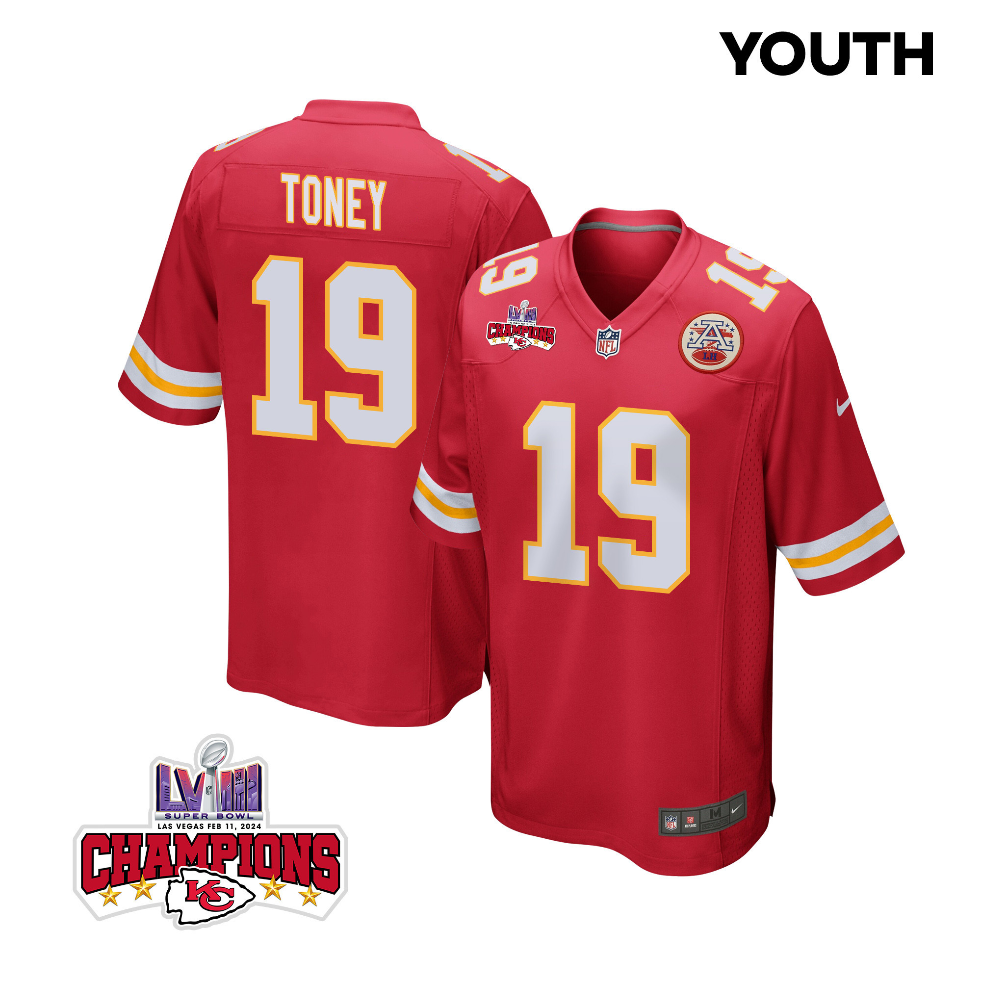 Kadarius Toney 19 Kansas City Chiefs Super Bowl LVIII Champions 4 Stars Patch Game YOUTH Jersey - Red