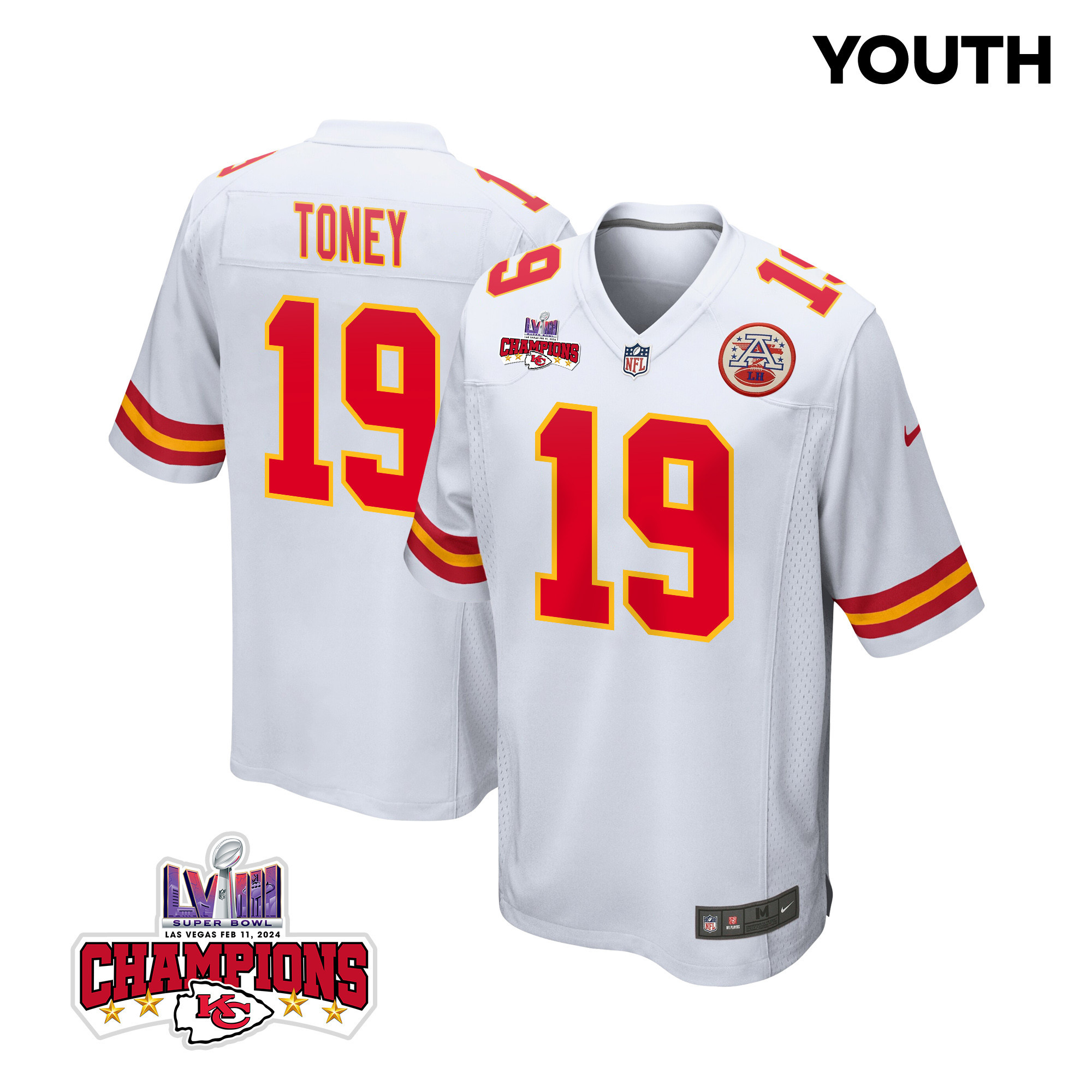 Kadarius Toney 19 Kansas City Chiefs Super Bowl LVIII Champions 4 Stars Patch Game YOUTH Jersey - White