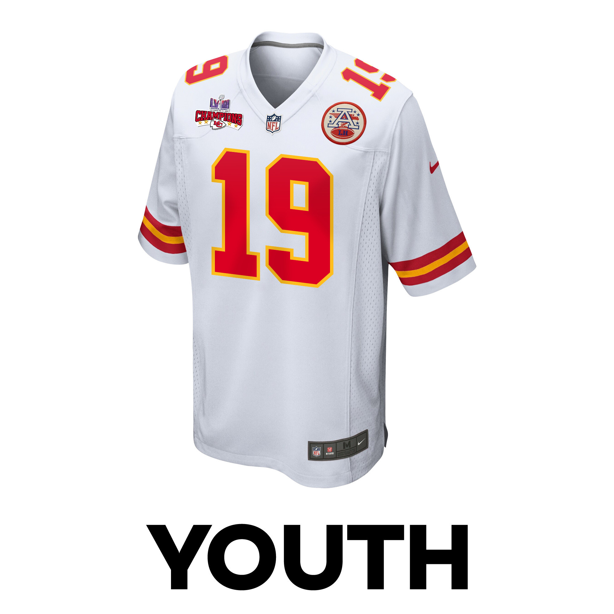 Kadarius Toney 19 Kansas City Chiefs Super Bowl LVIII Champions 4 Stars Patch Game YOUTH Jersey – White