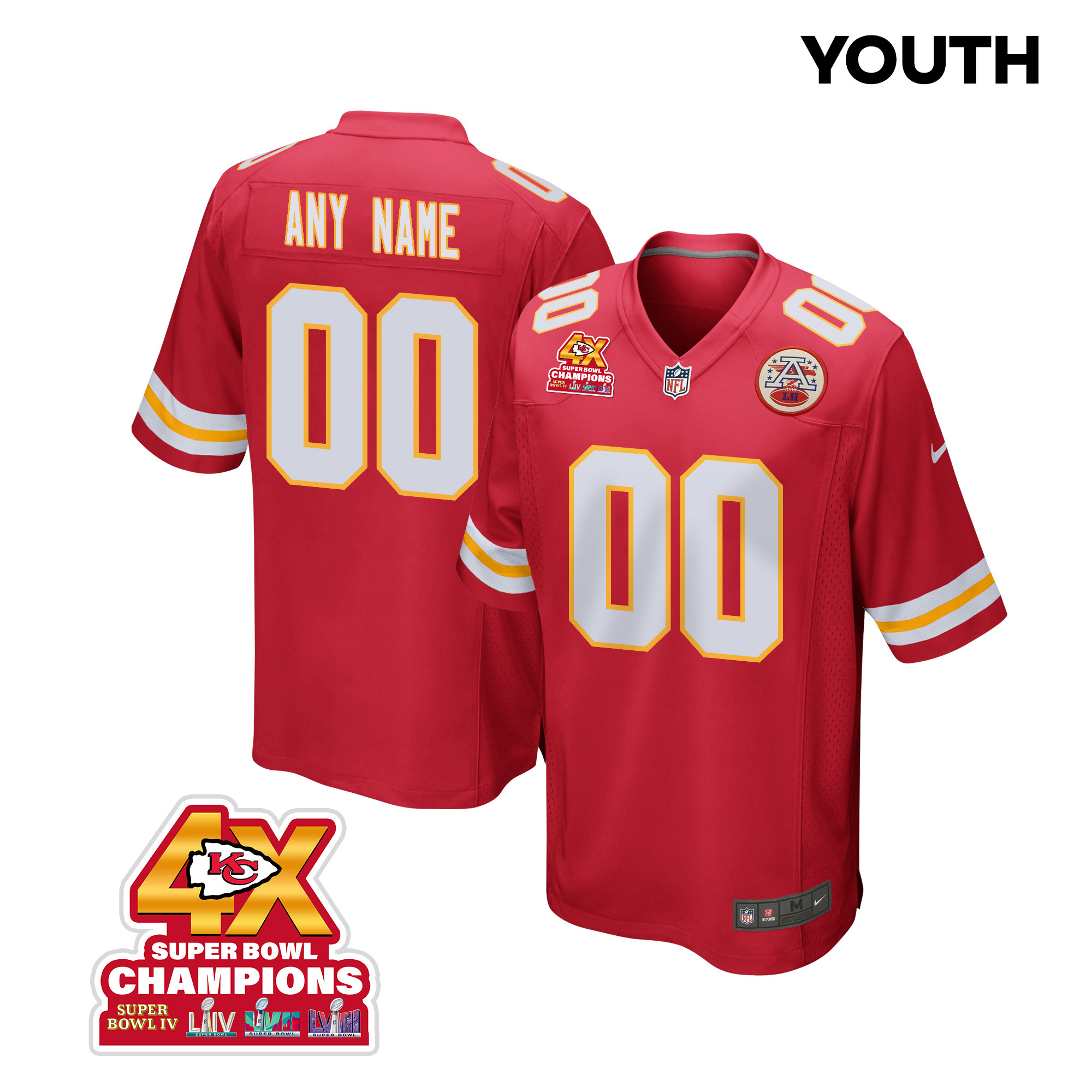 Kansas City Chiefs Super Bowl LVIII Champions 4X Game Custom YOUTH Jersey - Red