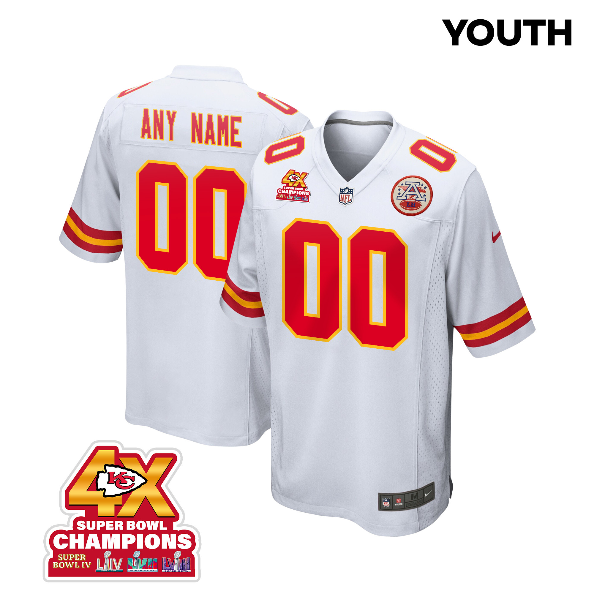 Kansas City Chiefs Super Bowl LVIII Champions 4X Game Custom YOUTH Jersey - White