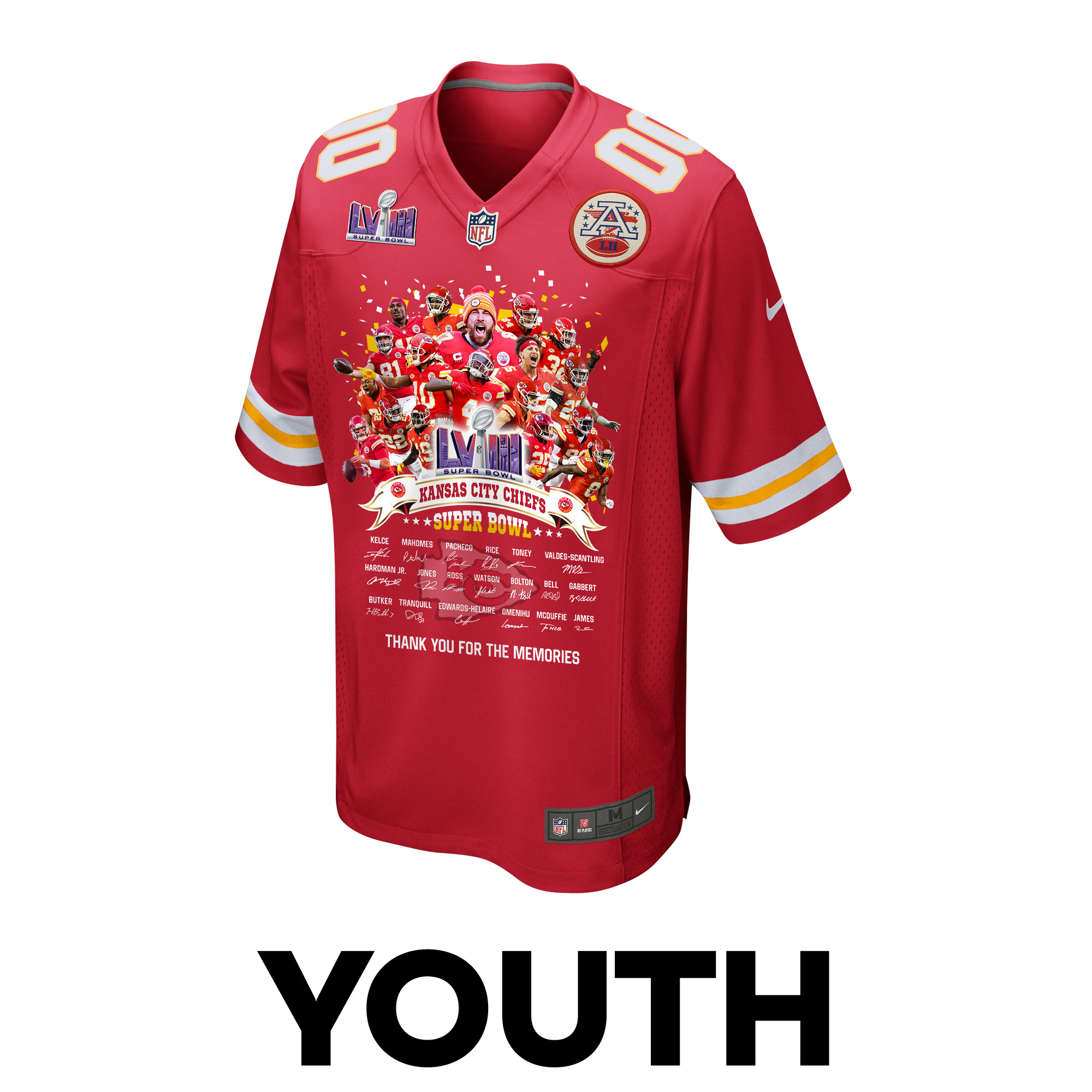 Kansas City Chiefs Super Bowl LVIII Thanks For Memories Game Custom YOUTH Jersey – Red