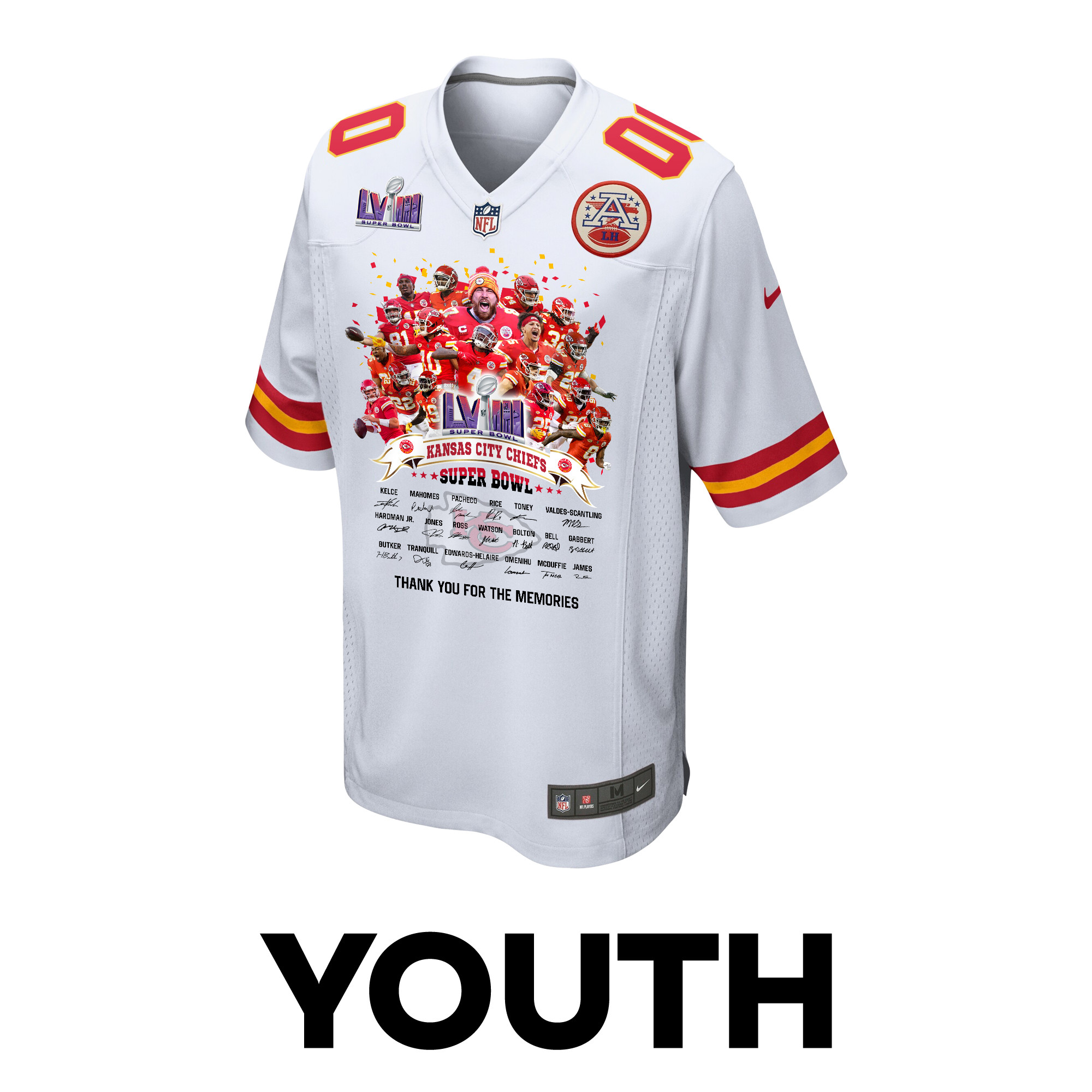 Kansas City Chiefs Super Bowl LVIII Thanks For Memories Game Custom YOUTH Jersey – White
