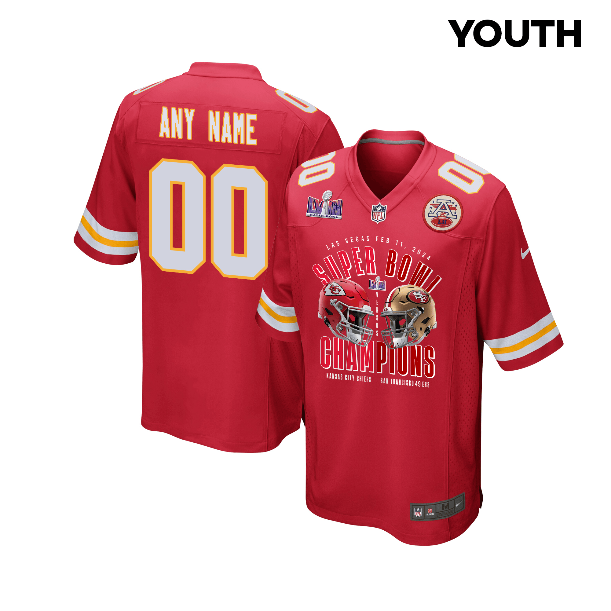 Kansas City Chiefs vs. San Francisco 49ers Super Bowl LVIII Matchup Game Custom YOUTH Jersey - Red