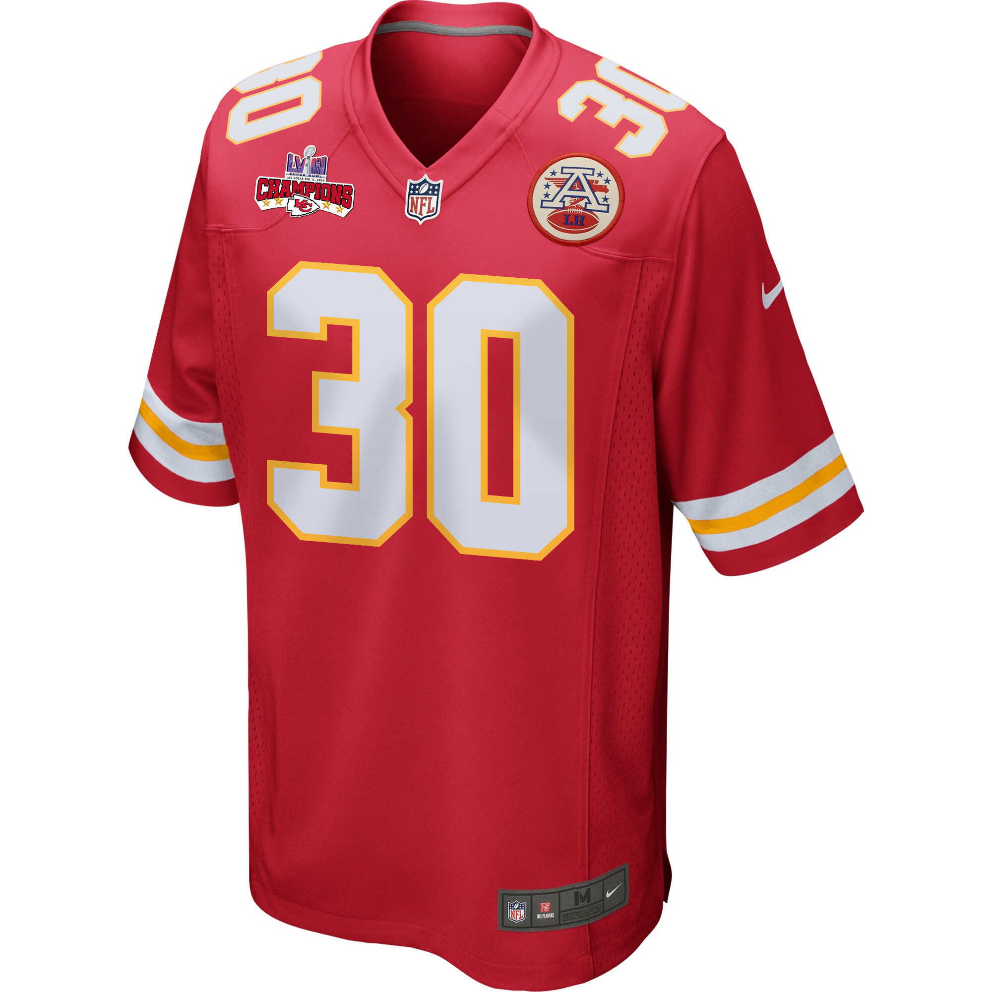 Keaontay Ingram 30 Kansas City Chiefs Super Bowl LVIII Champions 4 Stars Patch Game Men Jersey – Red