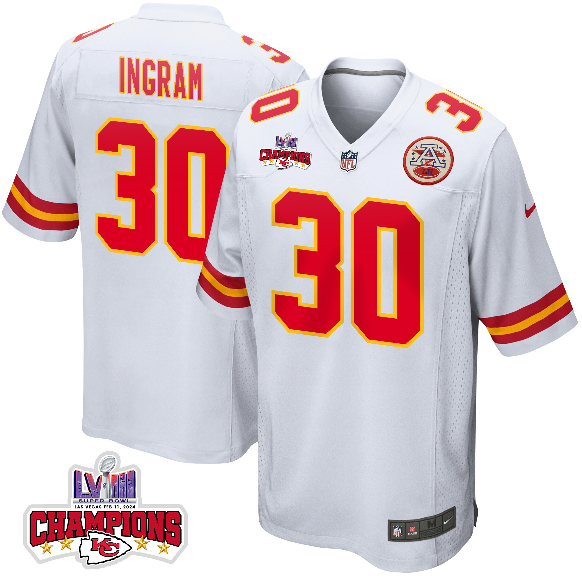 Keaontay Ingram 30 Kansas City Chiefs Super Bowl LVIII Champions 4 Stars Patch Game Men Jersey - White
