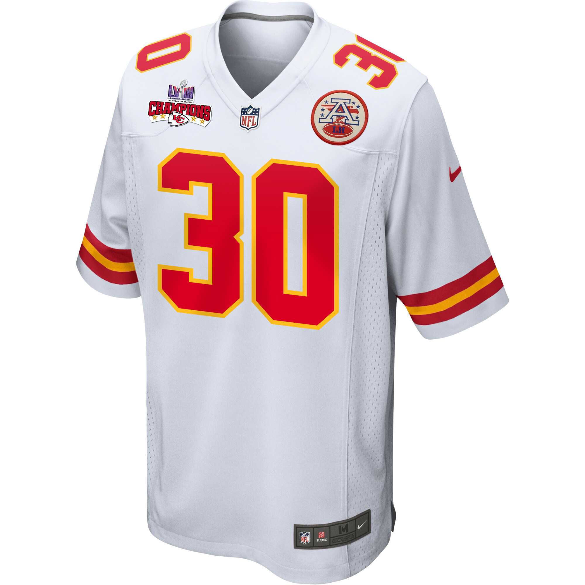 Keaontay Ingram 30 Kansas City Chiefs Super Bowl LVIII Champions 4 Stars Patch Game Men Jersey – White