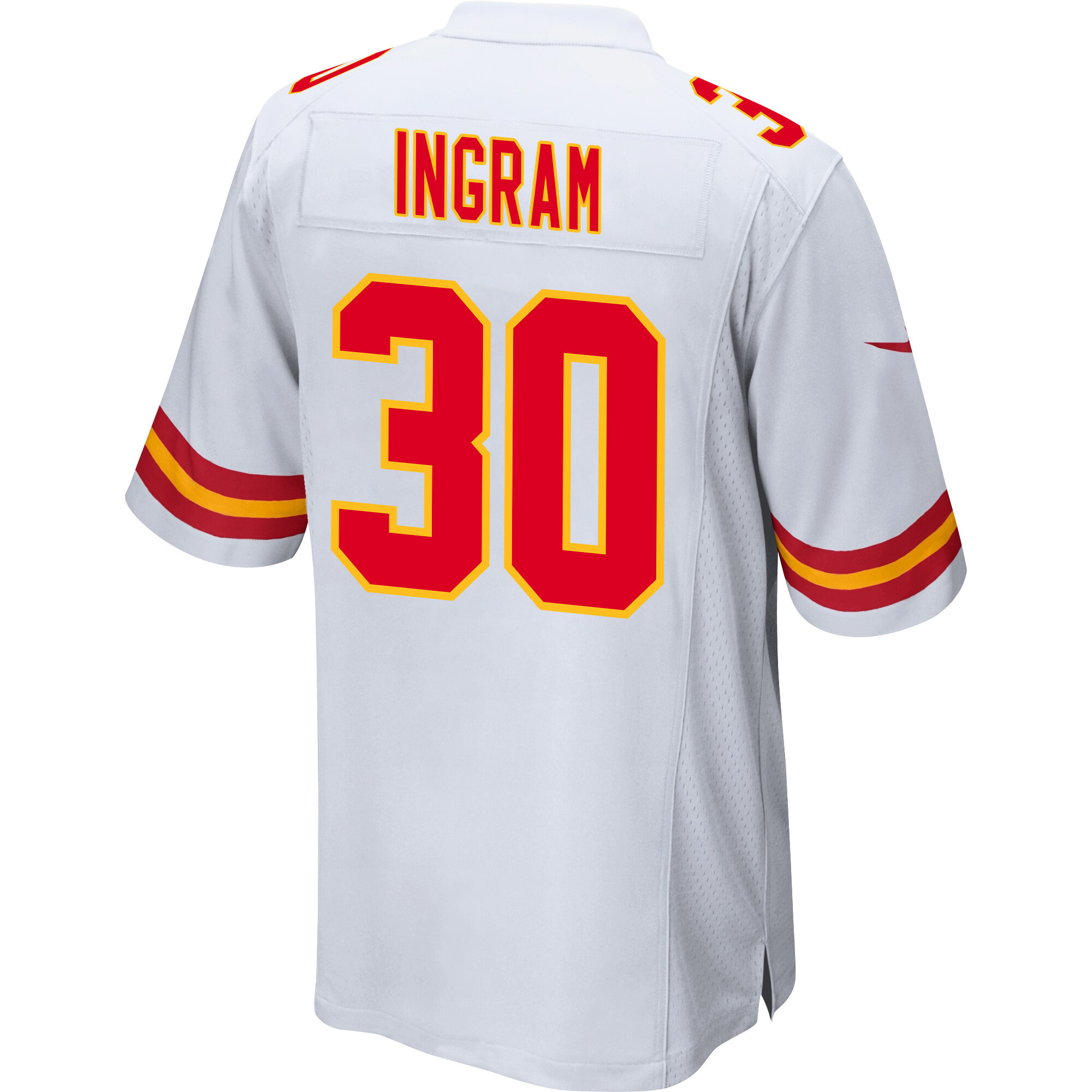 Keaontay Ingram 30 Kansas City Chiefs Super Bowl LVIII Champions 4 Stars Patch Game Men Jersey - White
