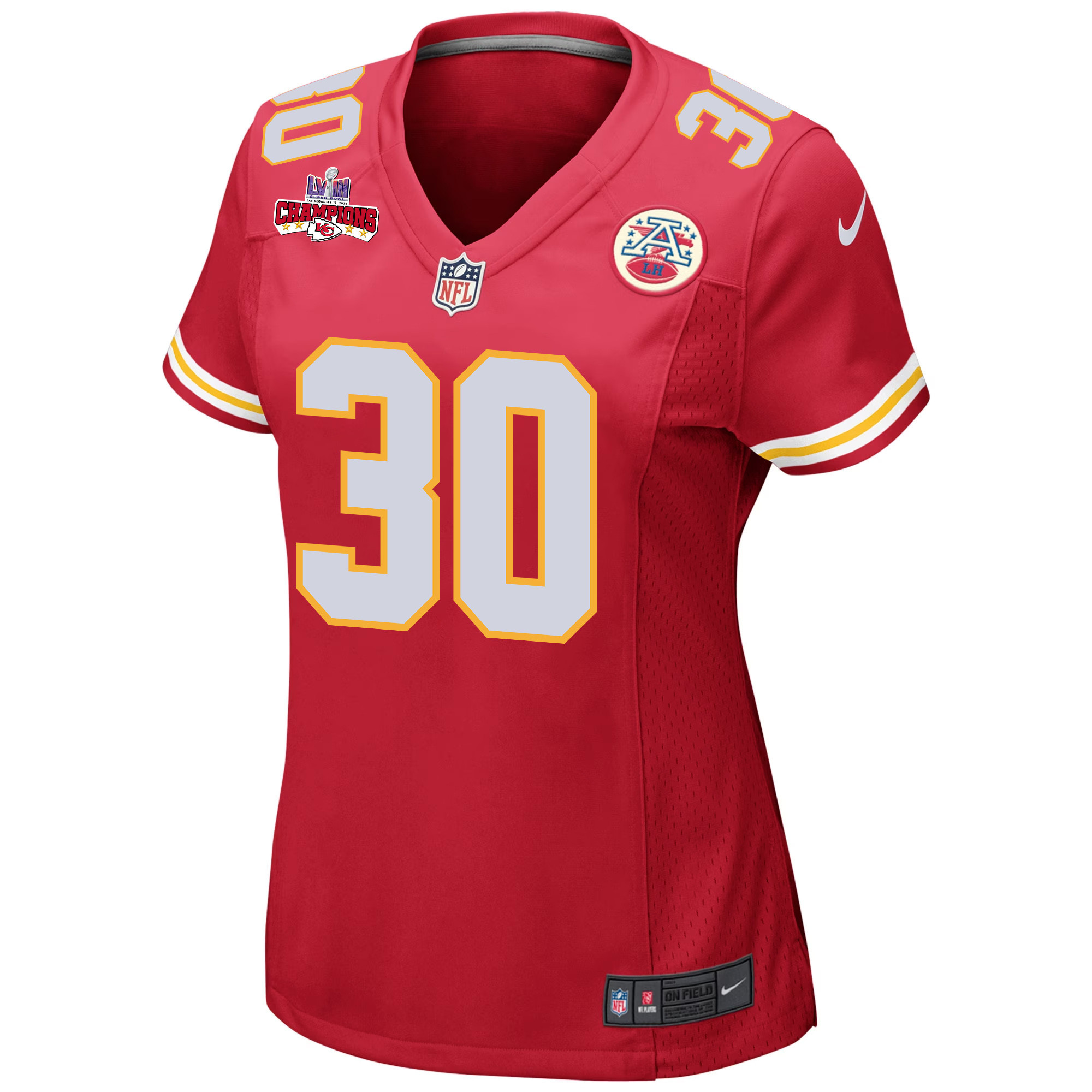 Keaontay Ingram 30 Kansas City Chiefs Super Bowl LVIII Champions 4 Stars Patch Game Women Jersey – Red