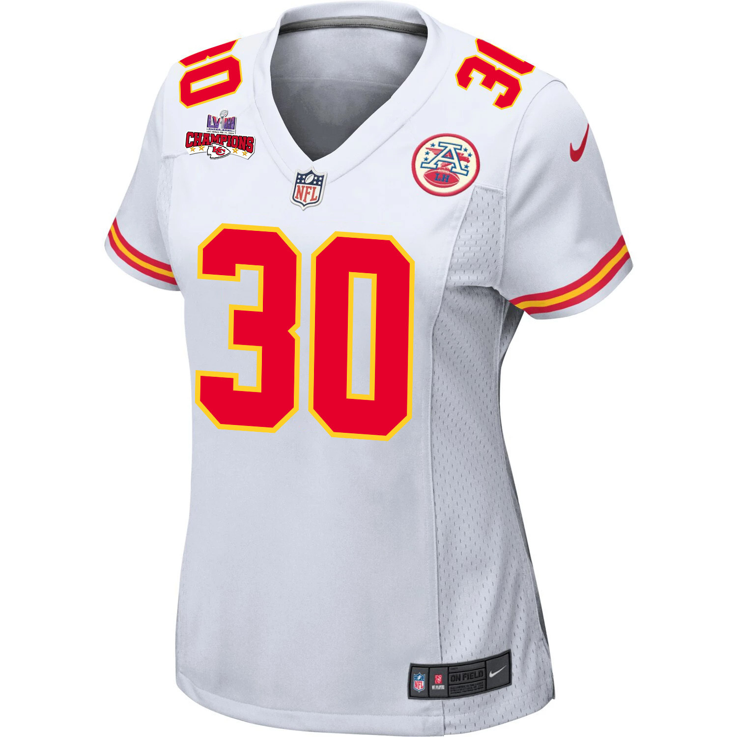 Keaontay Ingram 30 Kansas City Chiefs Super Bowl LVIII Champions 4 Stars Patch Game Women Jersey – White