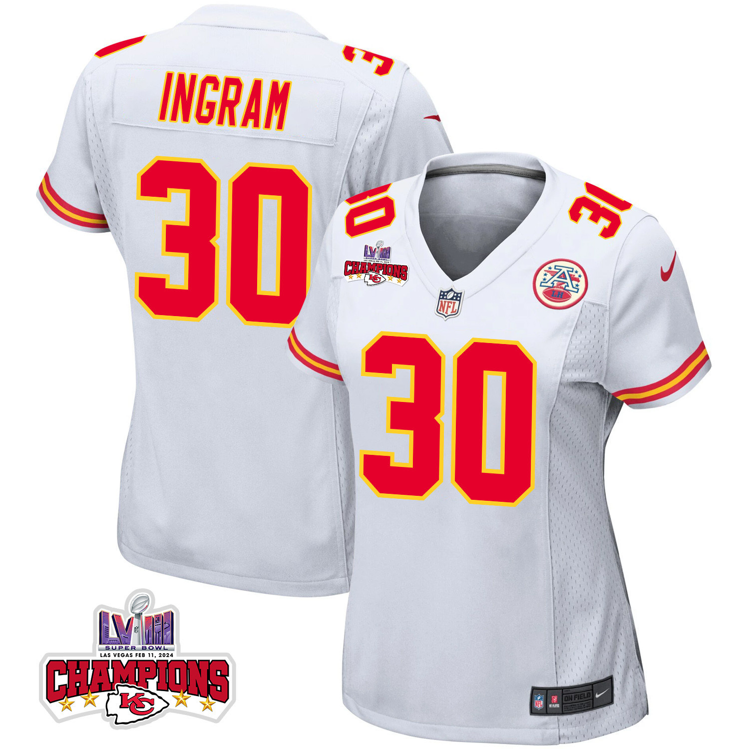 Keaontay Ingram 30 Kansas City Chiefs Super Bowl LVIII Champions 4 Stars Patch Game Women Jersey - White