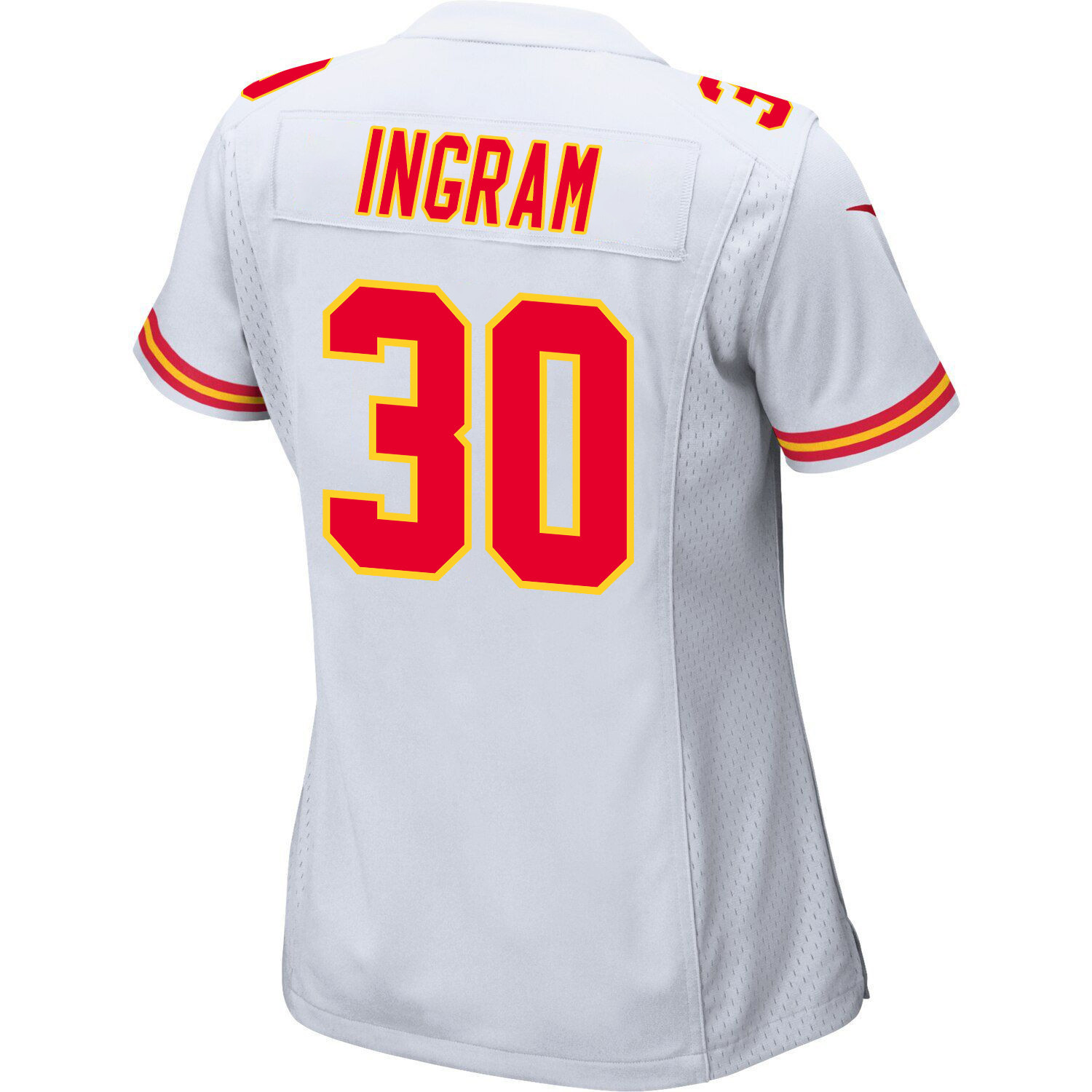 Keaontay Ingram 30 Kansas City Chiefs Super Bowl LVIII Champions 4 Stars Patch Game Women Jersey - White