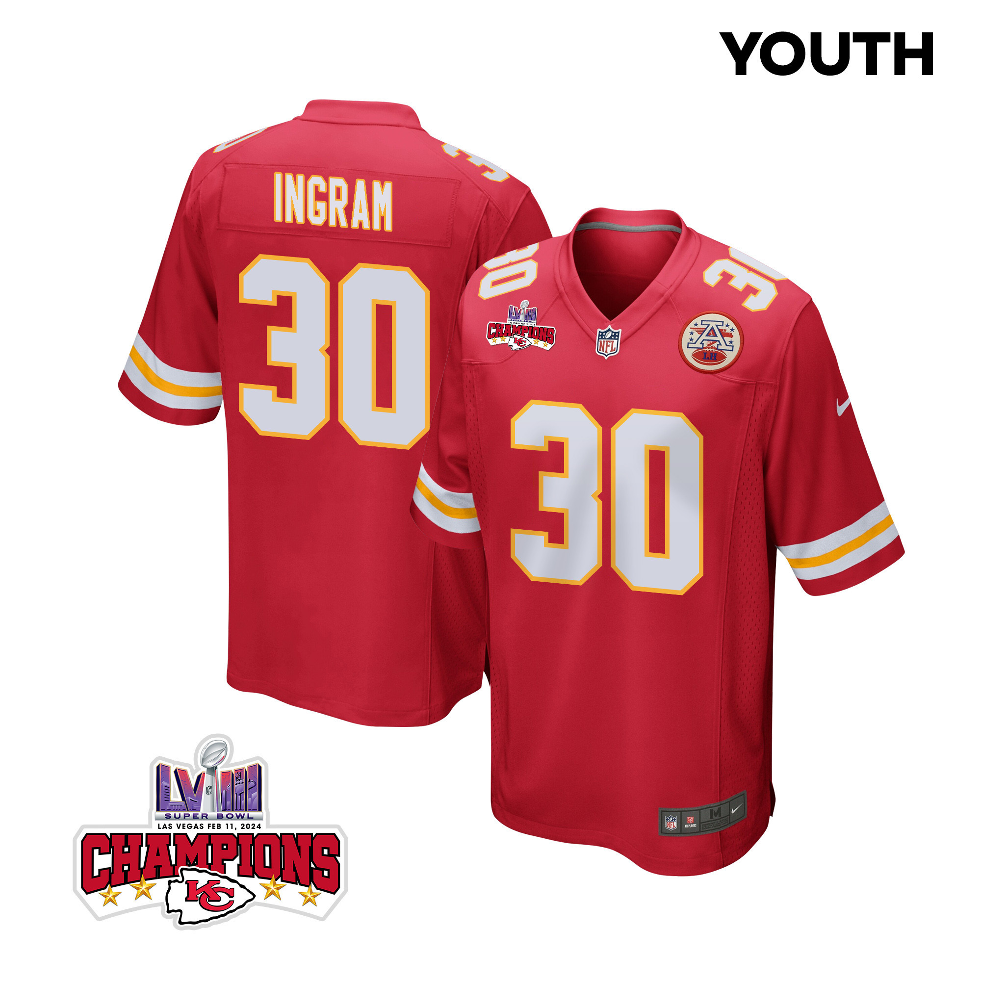Keaontay Ingram 30 Kansas City Chiefs Super Bowl LVIII Champions 4 Stars Patch Game YOUTH Jersey - Red