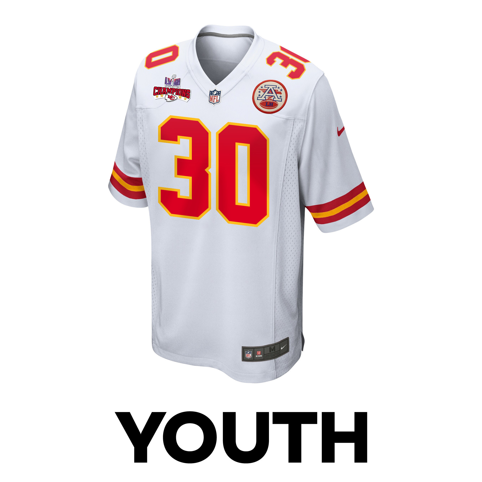 Keaontay Ingram 30 Kansas City Chiefs Super Bowl LVIII Champions 4 Stars Patch Game YOUTH Jersey – White