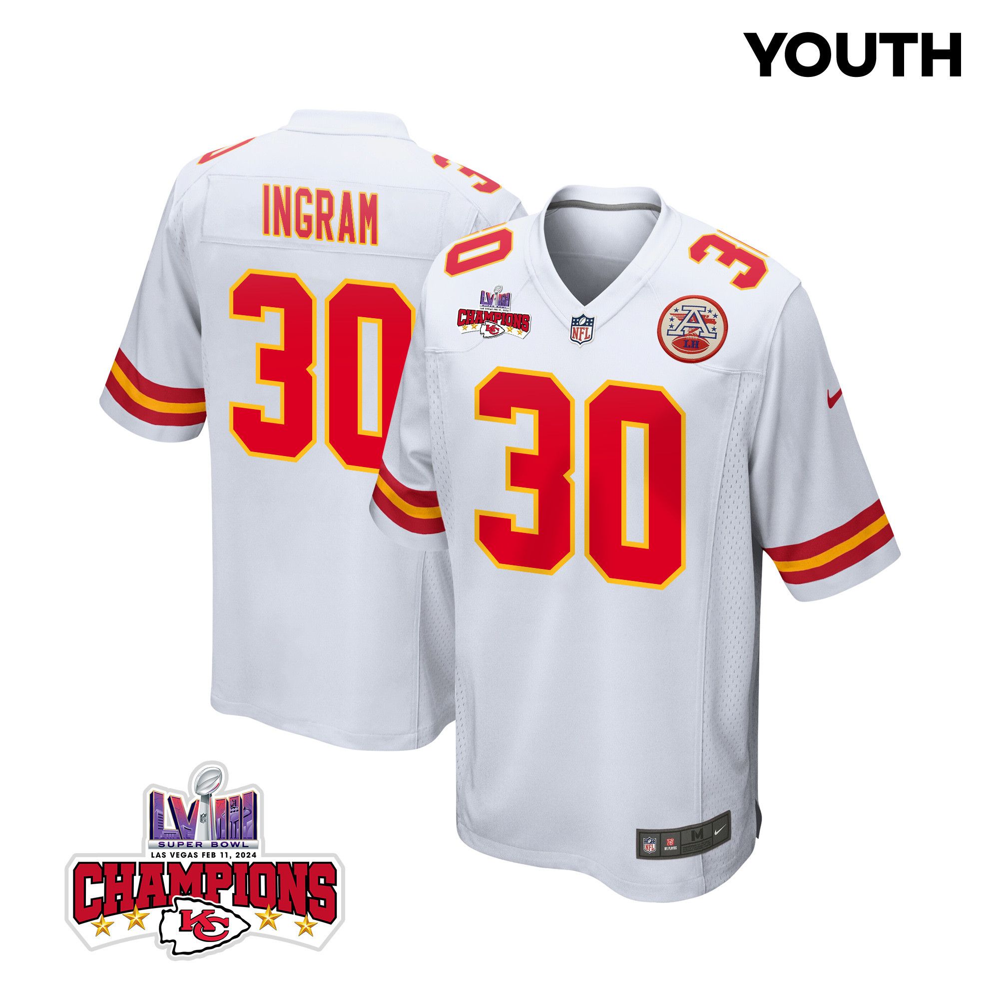 Keaontay Ingram 30 Kansas City Chiefs Super Bowl LVIII Champions 4 Stars Patch Game YOUTH Jersey - White