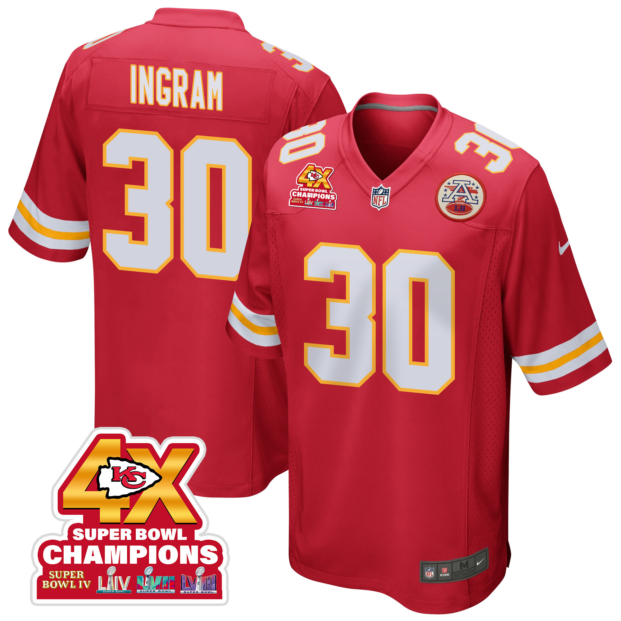 Keaontay Ingram 30 Kansas City Chiefs Super Bowl LVIII Champions 4X Game Men Jersey - Red