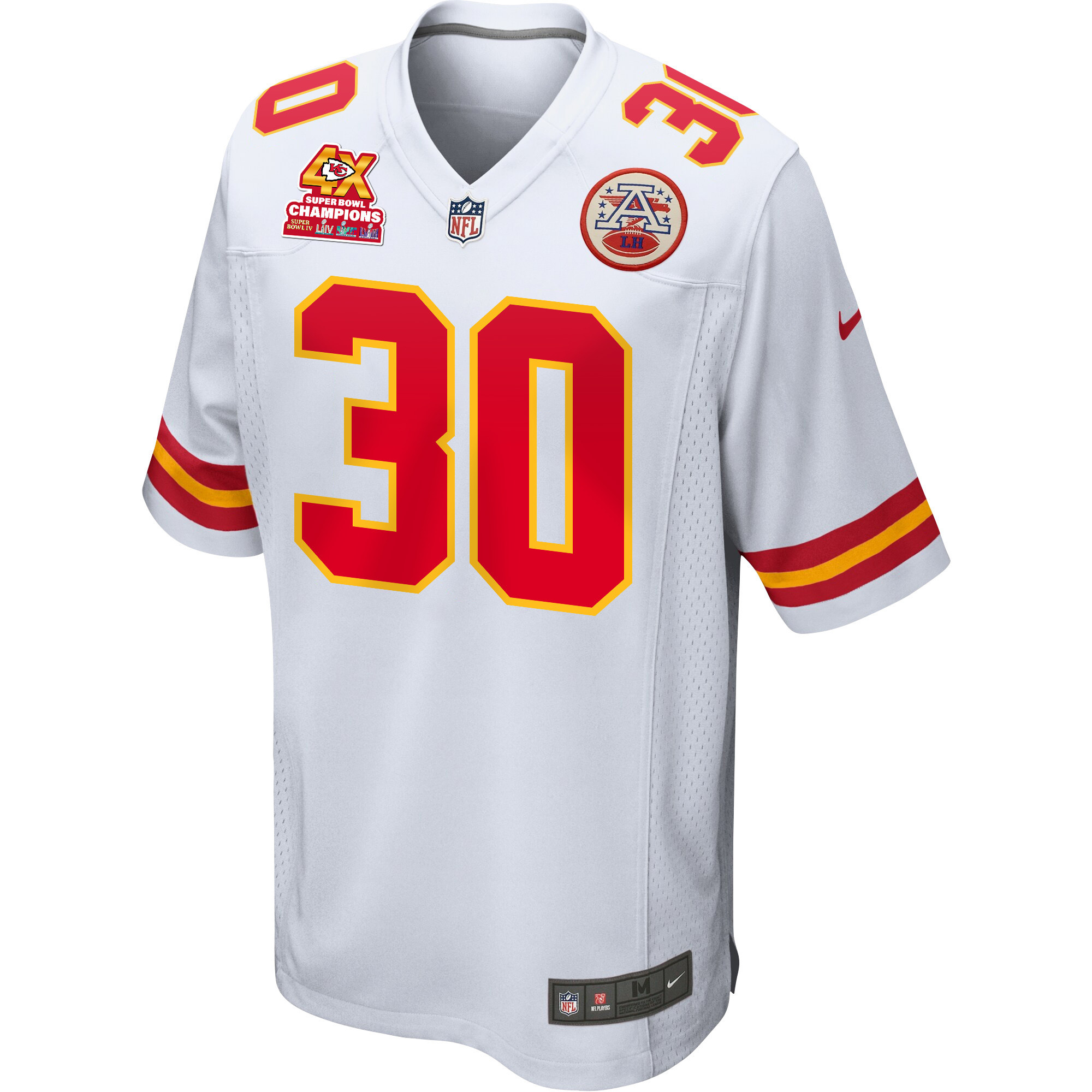 Keaontay Ingram 30 Kansas City Chiefs Super Bowl LVIII Champions 4X Game Men Jersey – White