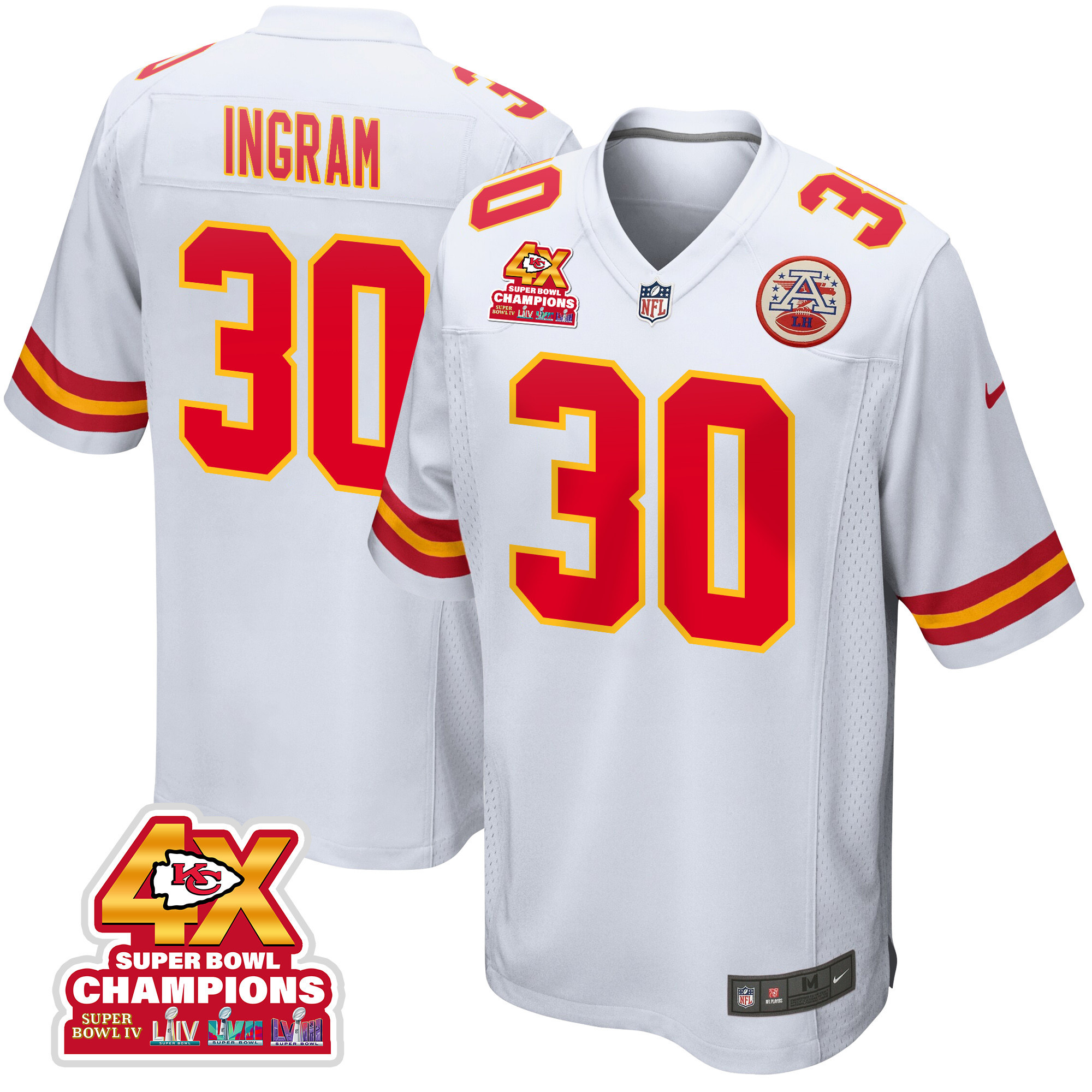 Keaontay Ingram 30 Kansas City Chiefs Super Bowl LVIII Champions 4X Game Men Jersey - White