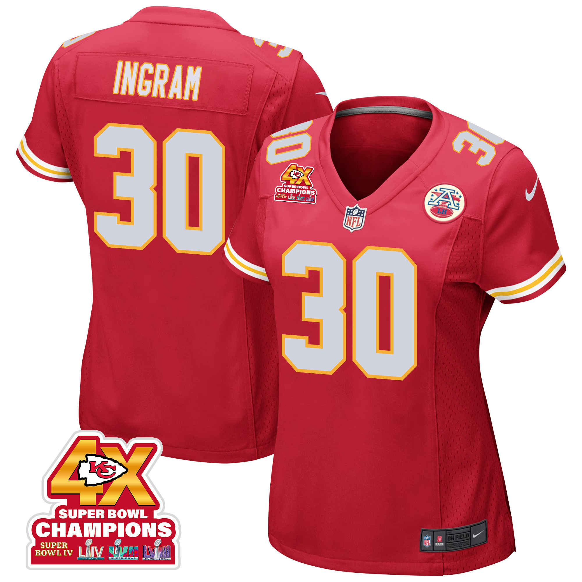 Keaontay Ingram 30 Kansas City Chiefs Super Bowl LVIII Champions 4X Game Women Jersey - Red