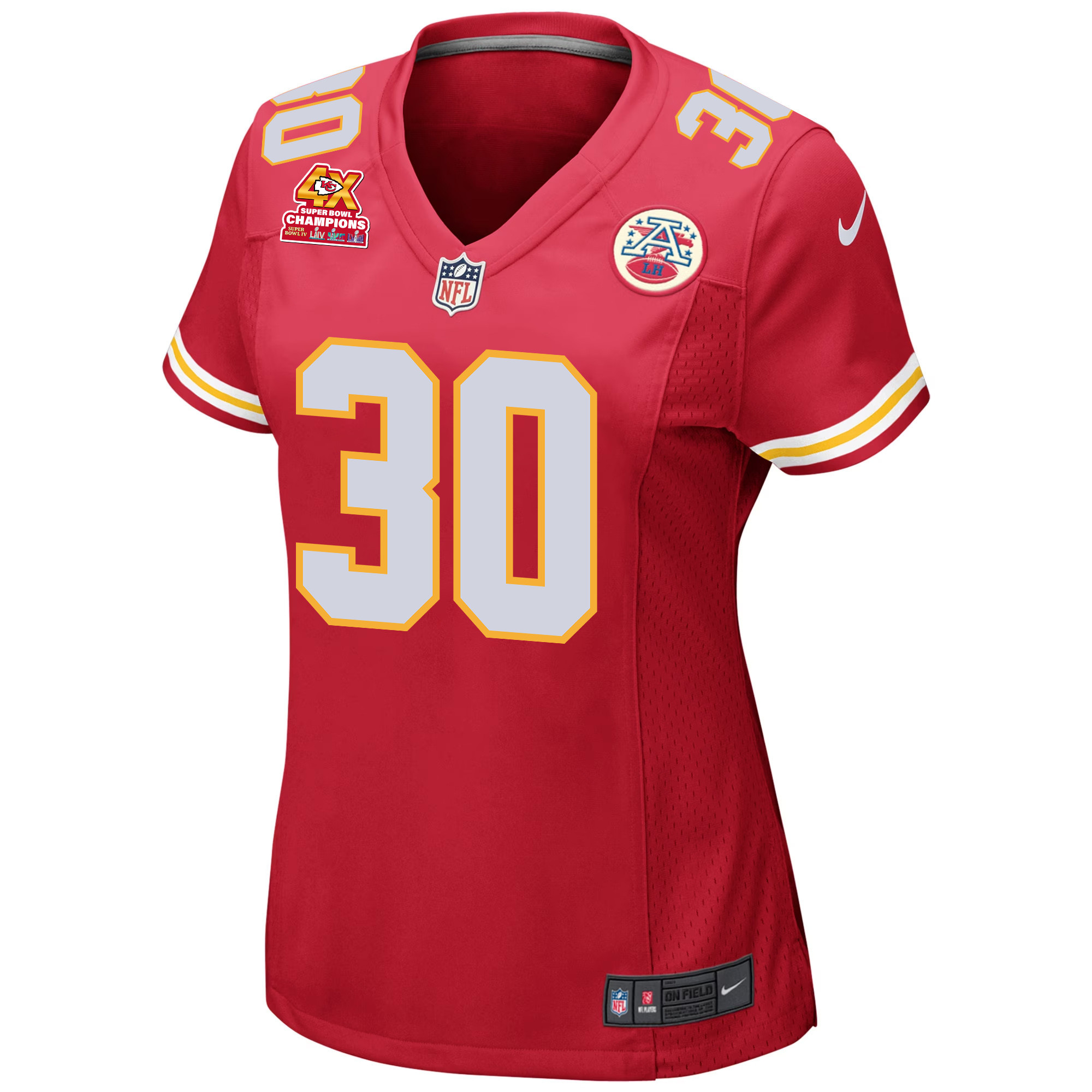 Keaontay Ingram 30 Kansas City Chiefs Super Bowl LVIII Champions 4X Game Women Jersey – Red