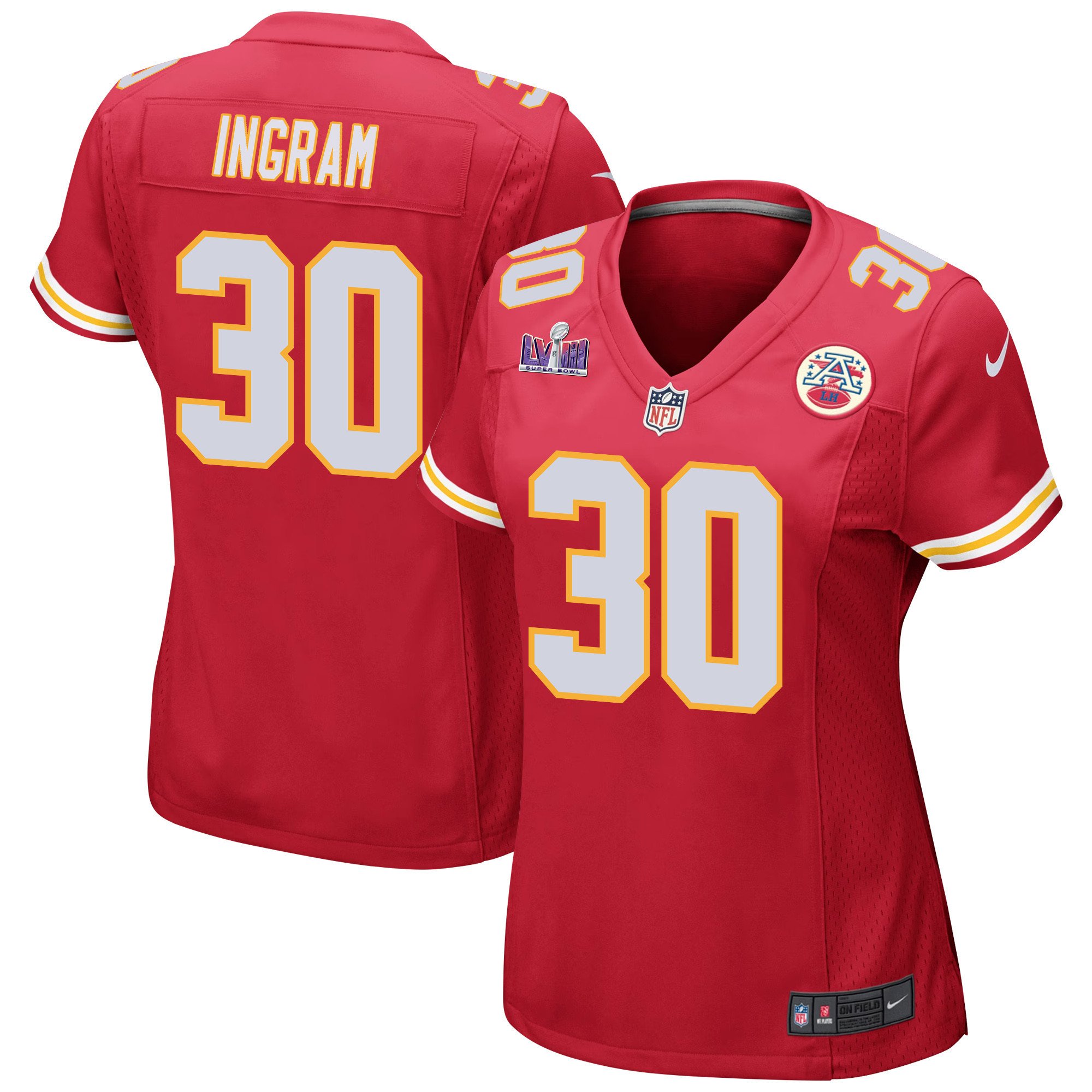 Keaontay Ingram 30 Kansas City Chiefs Super Bowl LVIII Patch Game Women Jersey - Red
