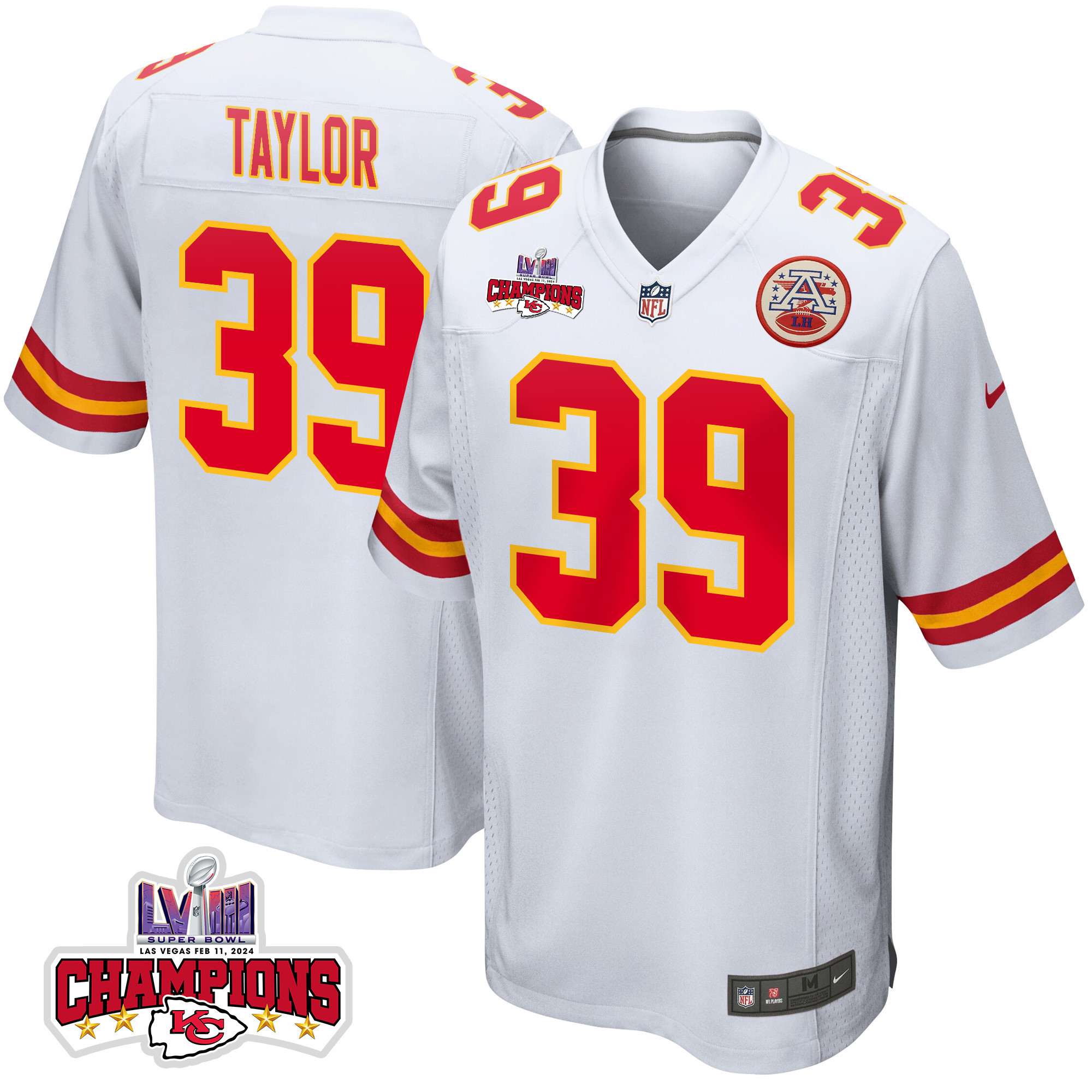 Keith Taylor 39 Kansas City Chiefs Super Bowl LVIII Champions 4 Stars Patch Game Men Jersey - White