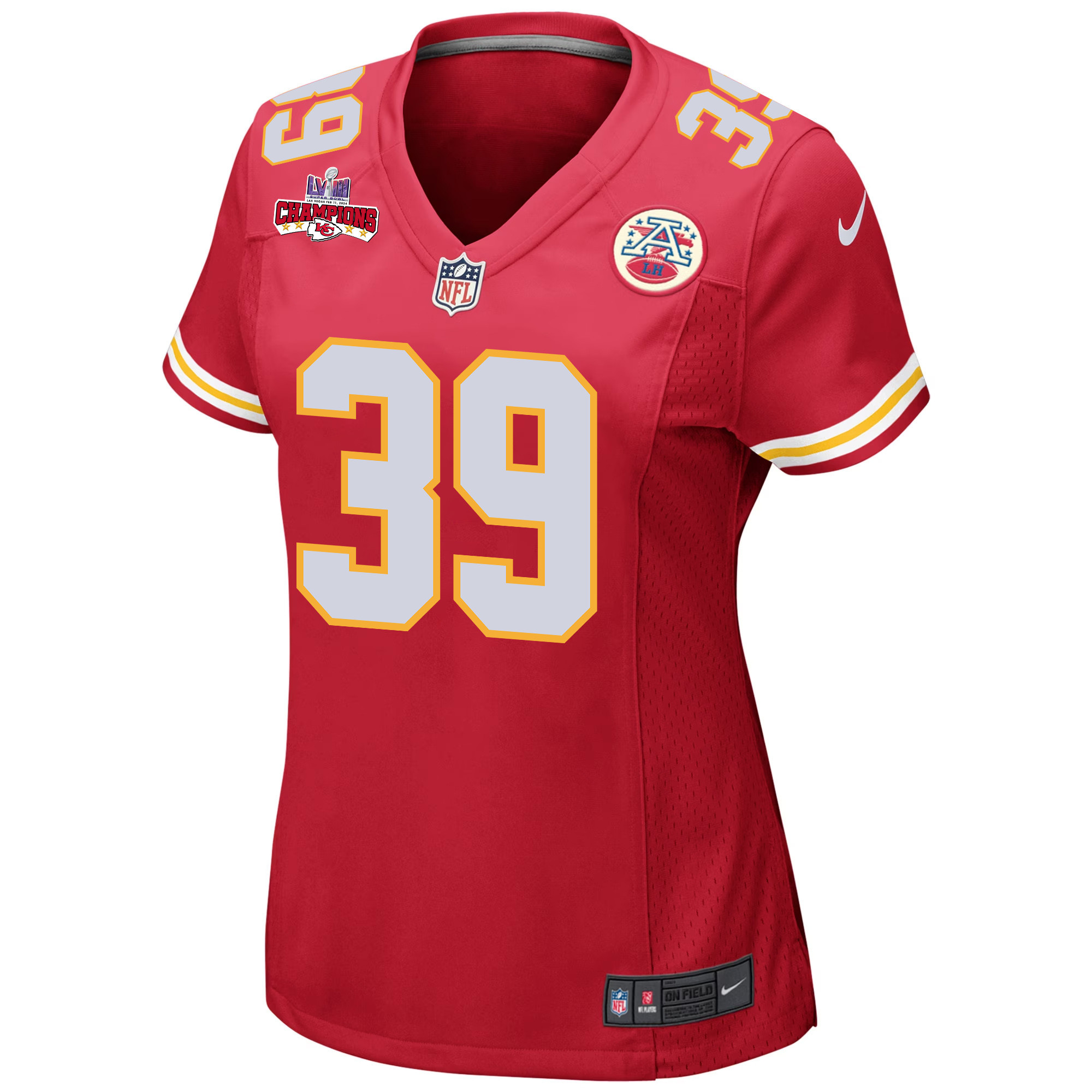Keith Taylor 39 Kansas City Chiefs Super Bowl LVIII Champions 4 Stars Patch Game Women Jersey – Red