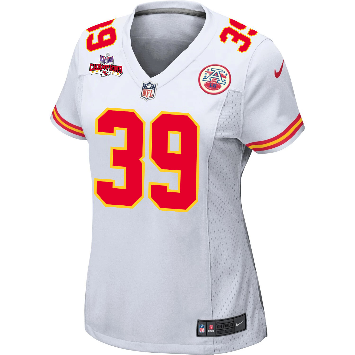 Keith Taylor 39 Kansas City Chiefs Super Bowl LVIII Champions 4 Stars Patch Game Women Jersey – White