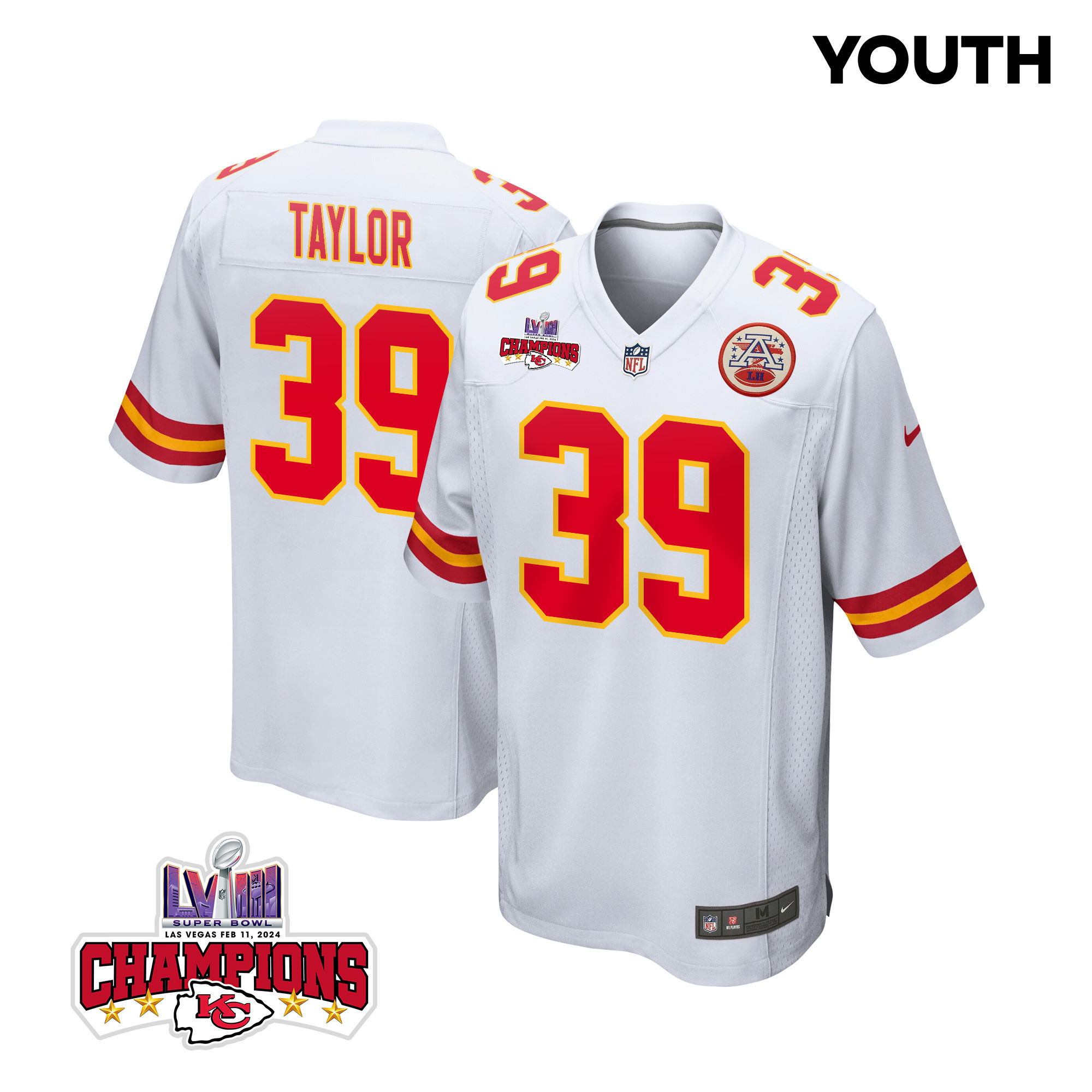Keith Taylor 39 Kansas City Chiefs Super Bowl LVIII Champions 4 Stars Patch Game YOUTH Jersey - White